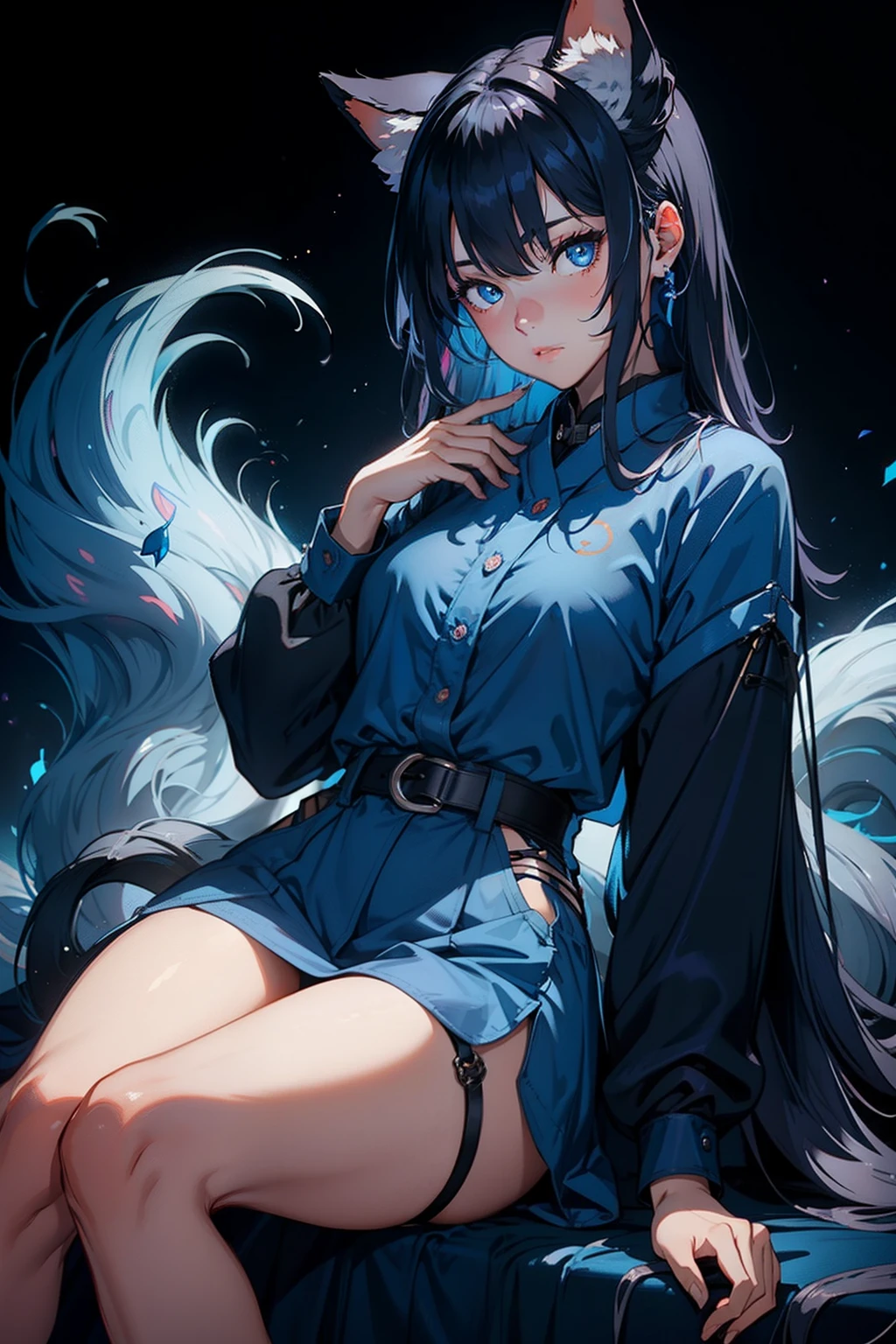 girl with half kitsune and half human features, wearing blue clothes and having dark grey hair. She has a pretty face. The image should be in 8k high resolution.