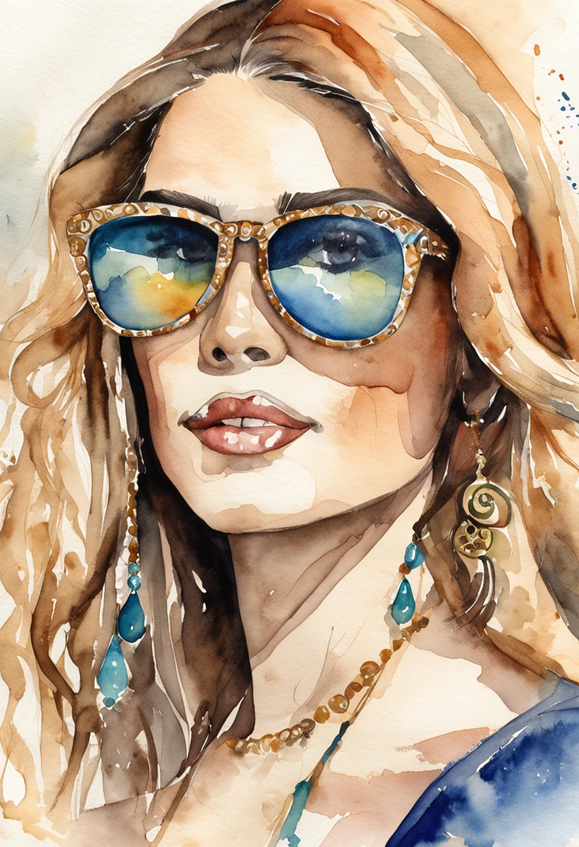 woman with long hair wearing sunglasses and a black top, carola rubio, fernanda suarez, wearing versace sunglasses, malika favre, inspired by Maria Helena Vieira da Silva, in water color, hdr, detail, engrave, in wood