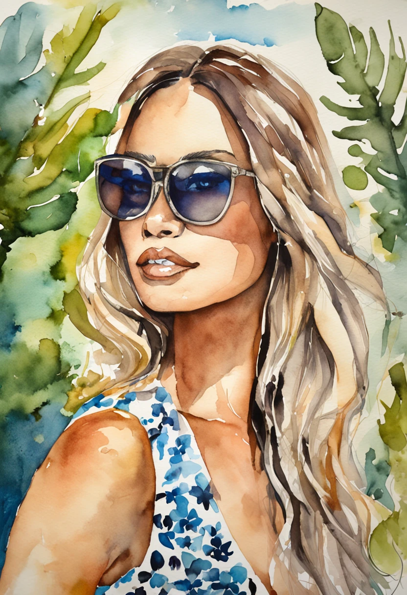woman with long hair wearing sunglasses and a black top, carola rubio, fernanda suarez, wearing versace sunglasses, malika favre, inspired by Maria Helena Vieira da Silva, in water color, hdr, detail, engrave, in wood