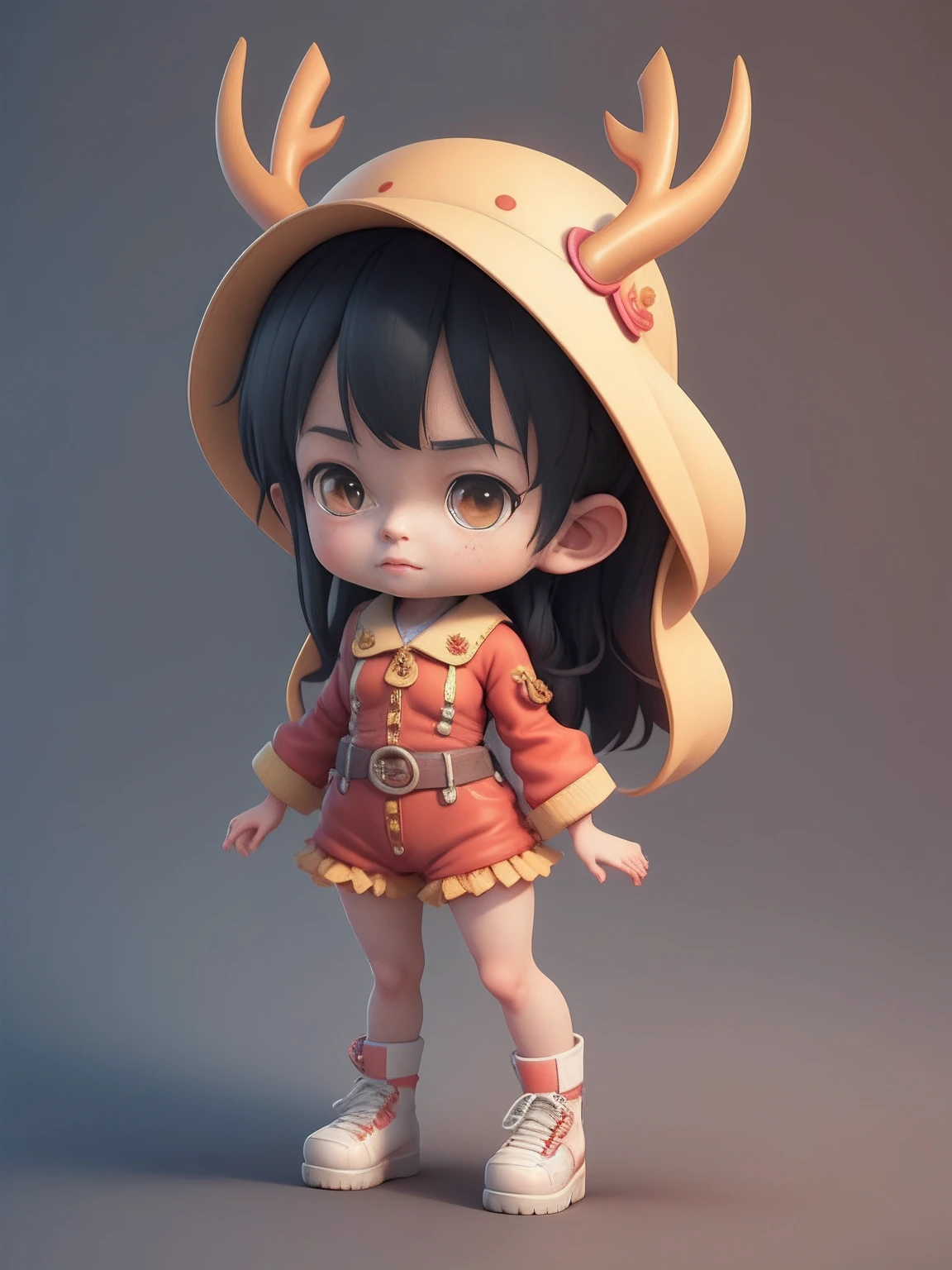 Cute 3d render，cute detailed digital art，Antlers mini cute girl，lovely digital painting，Stylized 3D rendering，adorable digital art，Cute rendered 3d anime girl，adolable！C4D，She wore a white long-sleeved jumpsuit，There are four buttons，A yellow Chinese-style belt is tied around his waist，