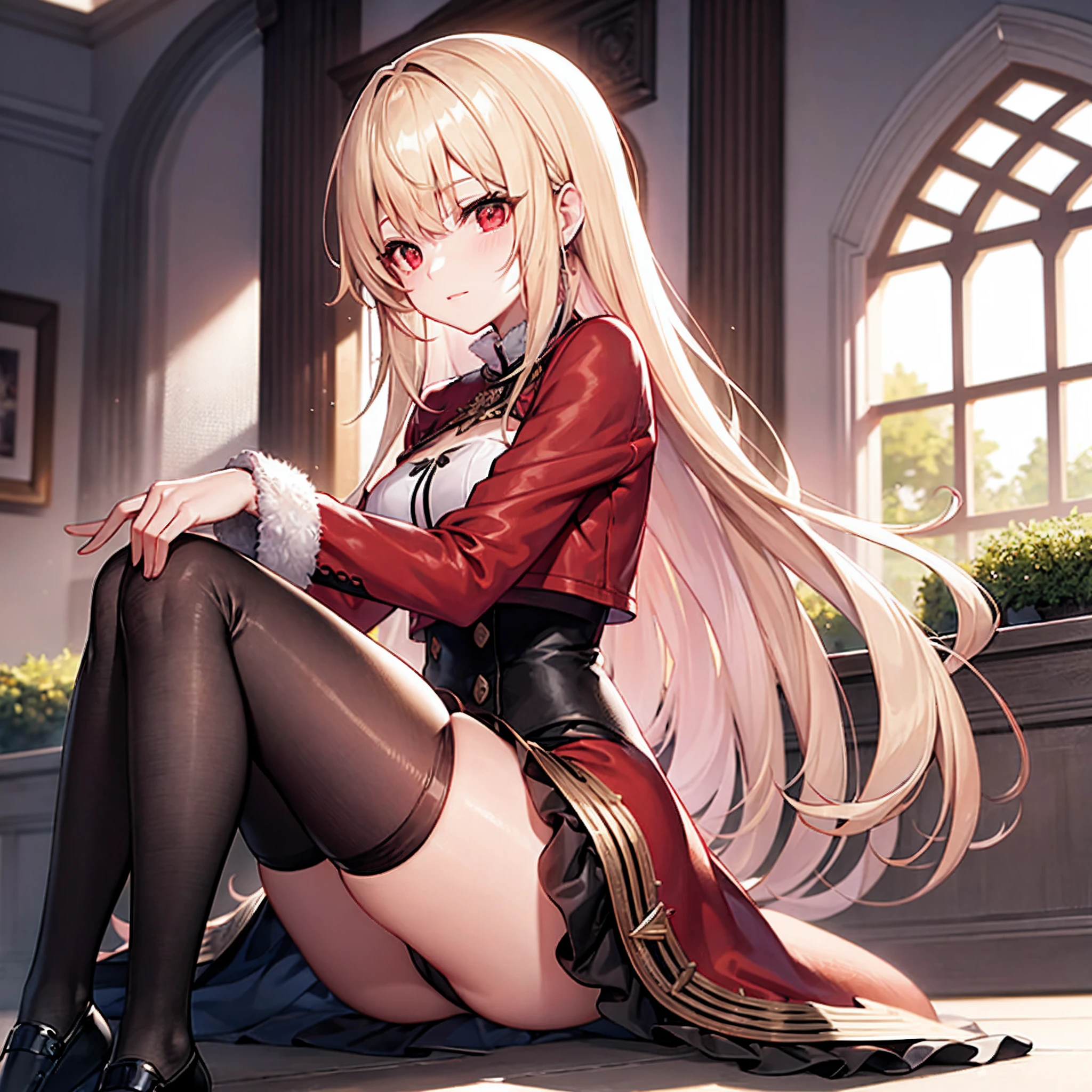 a blond、red eyes、Beautiful girl alone、Fluffy clothes、Western-style castle、Black tights、sitting on