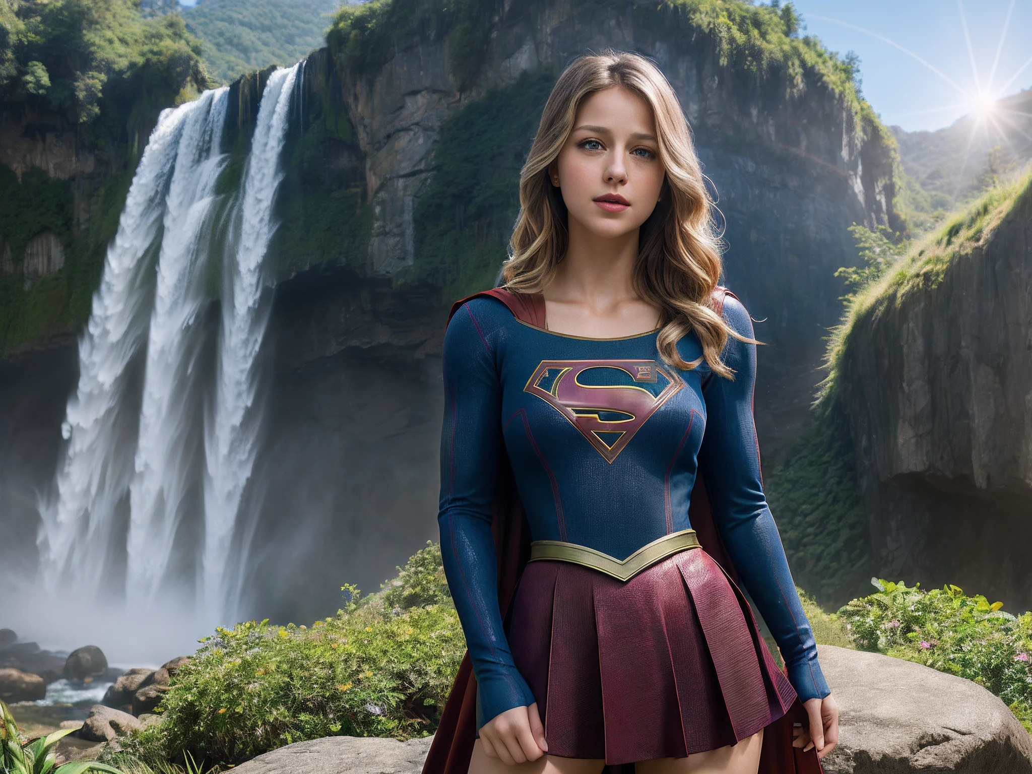 unreal engine 5, realistic, official art, unity 8k wallpaper, ultra detailed, beautiful and aesthetic, beautiful, masterpiece, best quality, (zentangle, mandala, tangle, entangle), 1girl, mature, mellisabenoist-smu, (Melissa benoist as supergirl, blonde hair), (Nestled in a lush, untouched landscape, suoergirl in her supergirl costume stands before the waterfall which cascades with breathtaking beauty. Silver waters plunge from rocky heights, glistening in the sunlight. Lush greenery envelops the scene, a vivid contrast to the crystal-clear pool below. Mist rises like delicate veils, lending an ethereal quality. Nature's masterpiece, a symphony of water and life, captivates all who gaze upon its awe-inspiring grandeur), colour matching