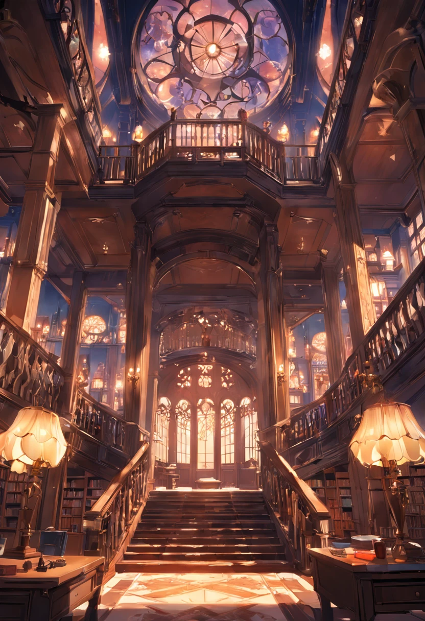 (tmasterpiece), (best qualtiy),outstanding,Interior of European-style building,The background is the library,There are transparent windows on the walls,There are European-style lamps on both sides,There are handheld stairs on the left and right,A large table needs to be added to the foreground,There was an open book on the table