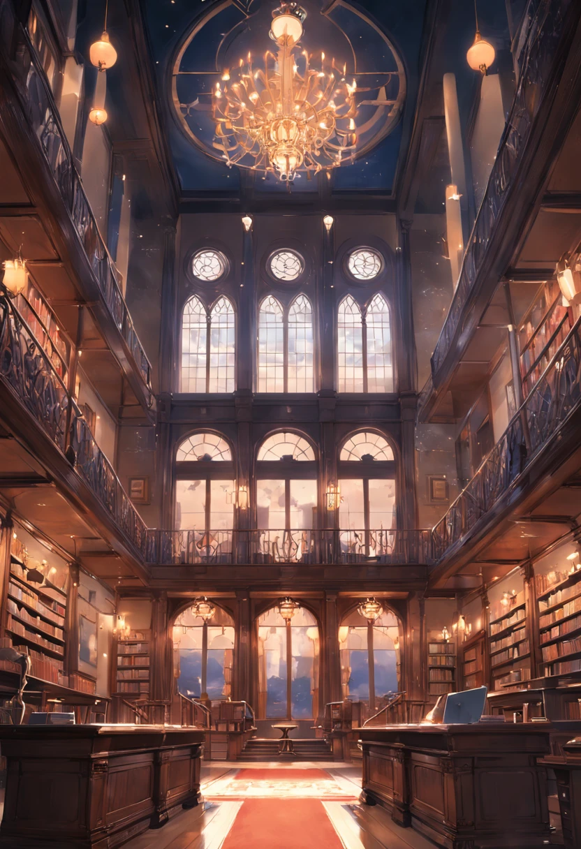 (tmasterpiece), (best qualtiy),outstanding,Interior of European-style building,The background is the library,There are transparent windows on the walls,There are European-style lamps on both sides,There are handheld stairs on the left and right,A large table needs to be added to the foreground,There was an open book on the table