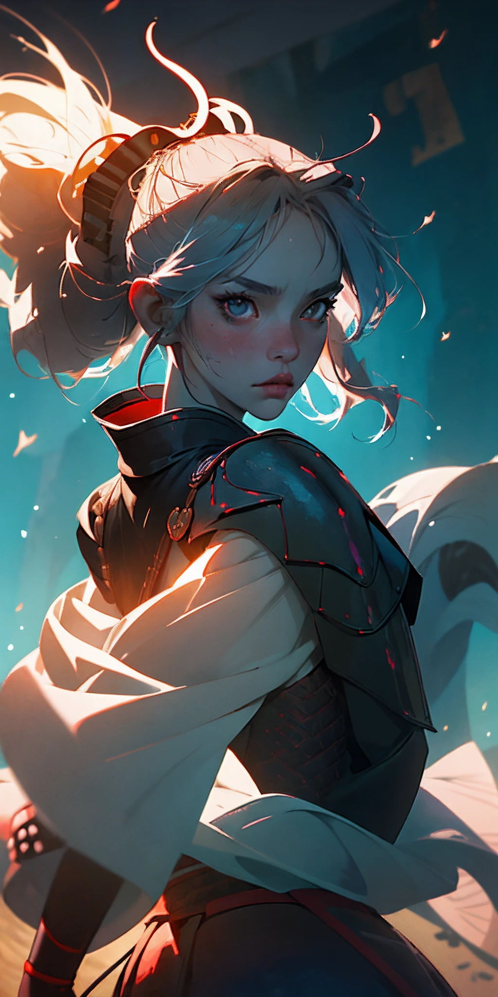 (best quality, masterpiece), 1girl, samurai, particle, wind, looking at viewer, fox ear, monsters in background, backlighting, upper body, pose