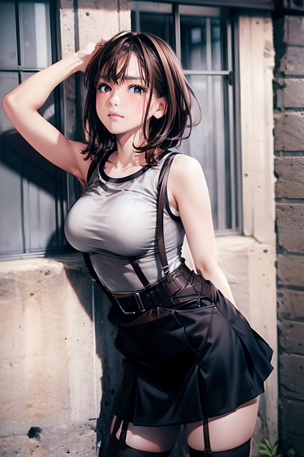 Black skirt, Tank Tops suspenders, Brown hair Gray eyes, Garter belt on the legs, Tight clothes, a belt Armpit sweat deadpan large full breasts short-cut