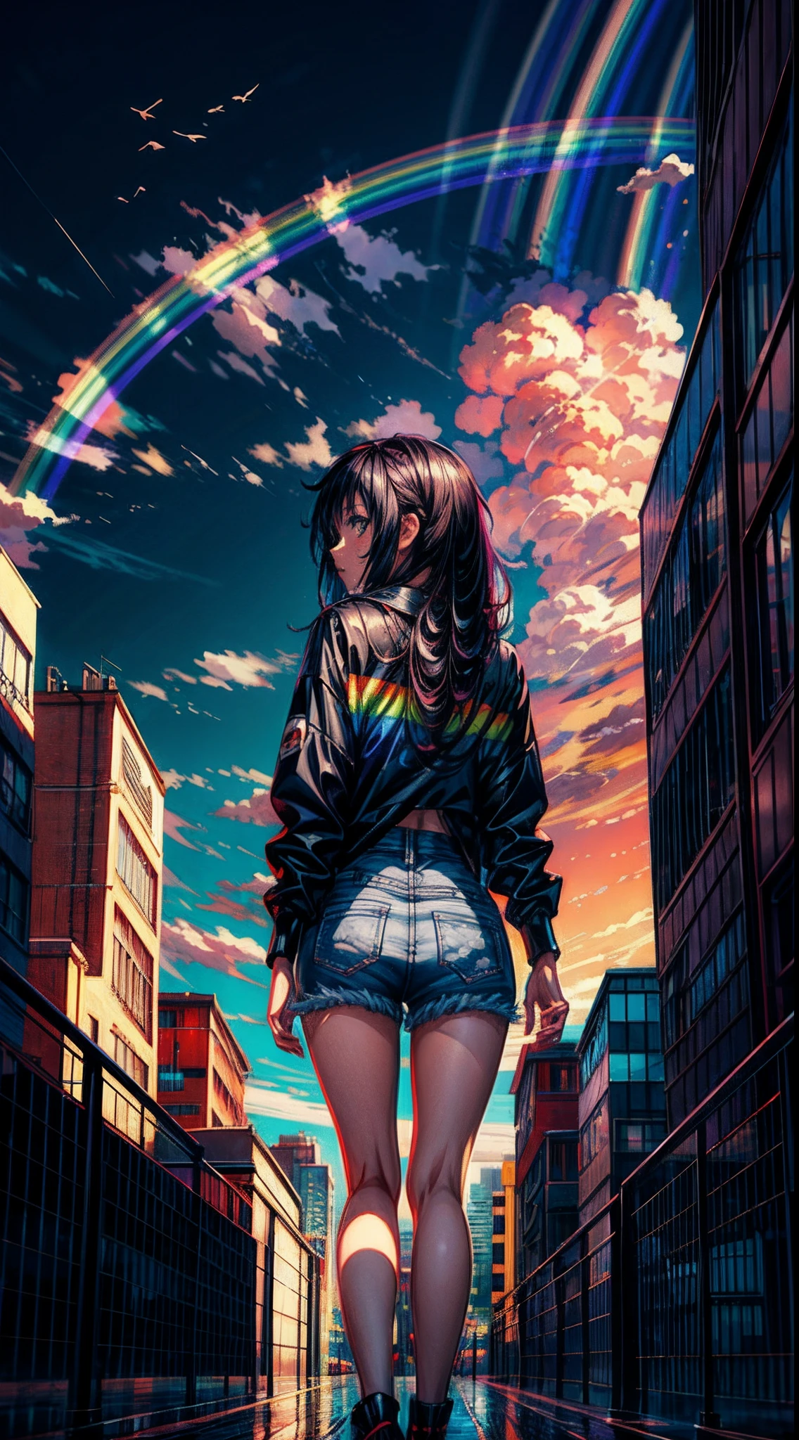 ((Rainbow Daytime Sky))、Anime girl looking at big city landscape,Near Future City、 makoto shinkai cyril rolando, anime art wallpaper 4k, anime art wallpaper 4k, Anime art wallpaper 8k, inspired by Cyril Rolando, in the style dan mumford artwork, amazing wallpapers, by Yuumei