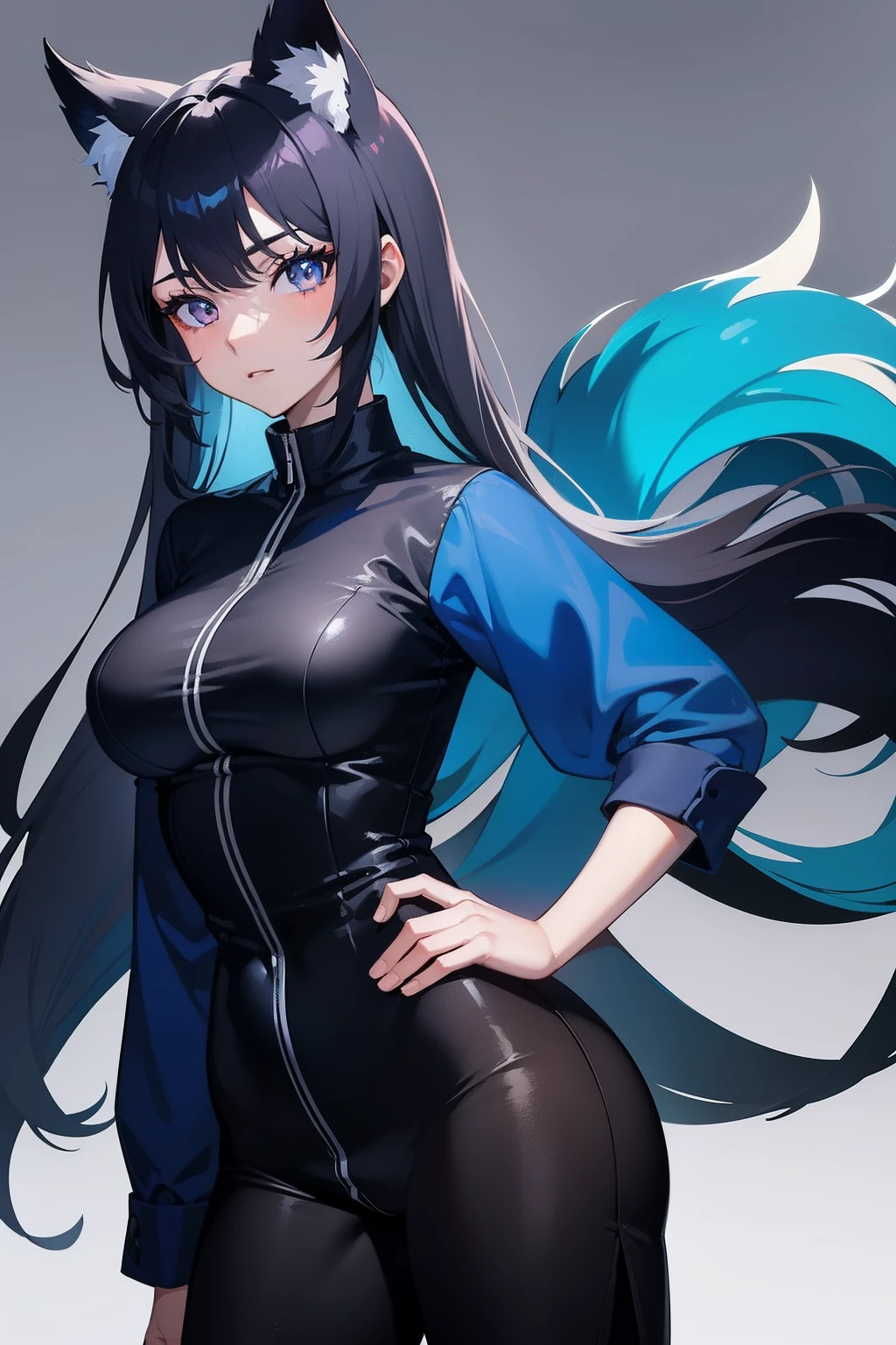 girl with half kitsune and half human features, wearing blue clothes and having dark grey hair. She has a pretty face. The image should be in 8k high resolution.