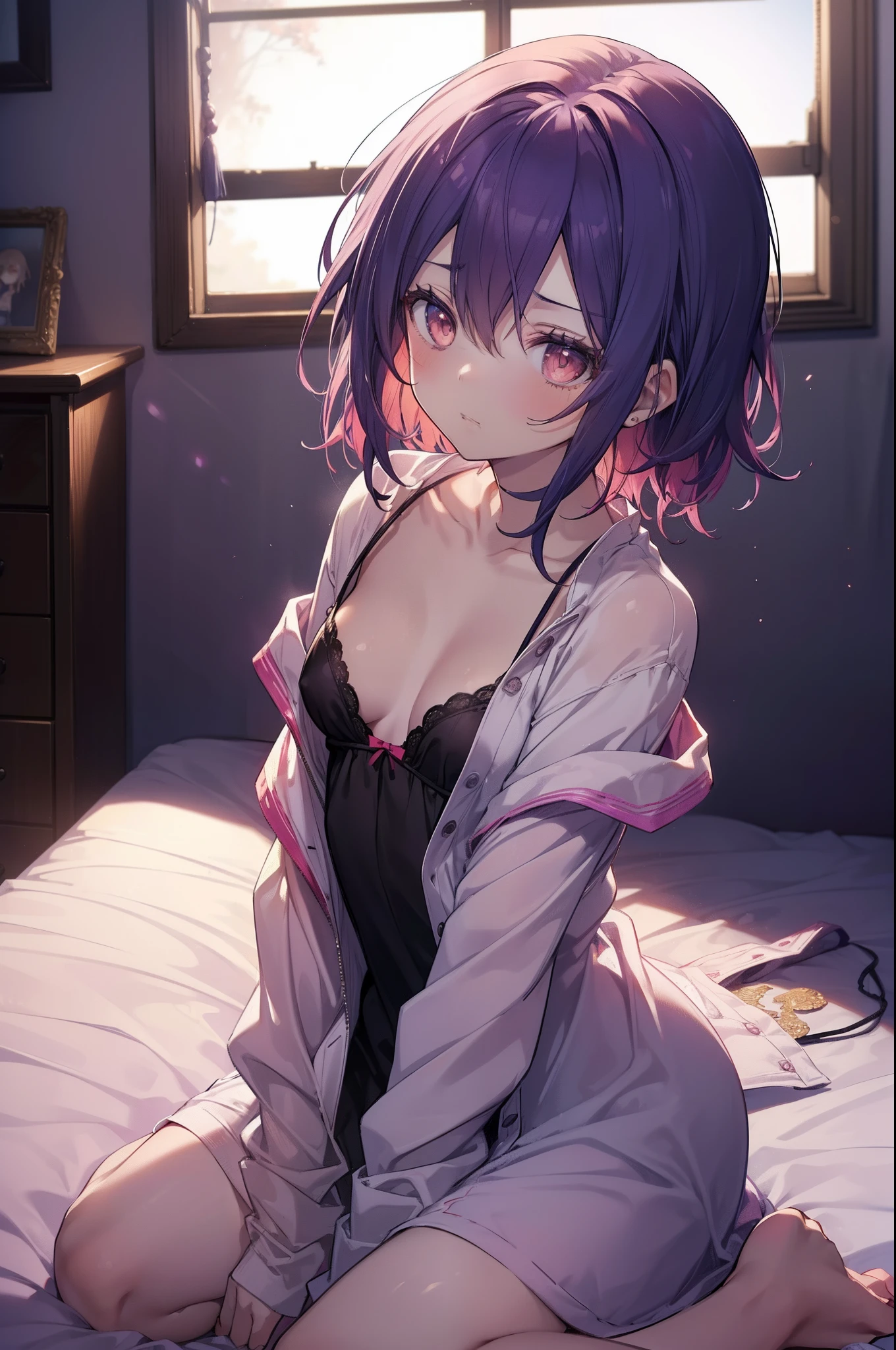 ((masutepiece), (Best Quality))

(super detailed), (disheveled hair), Big, Cute clothes, Be undress, Underwear, Bust up,
(Twilight, (Dramatic Lighting)), (Soft Focus)
(Vivid colors), (Mysterious atmosphere), (Small breasts), , Bedroom, (lyin in bed), (look from above)