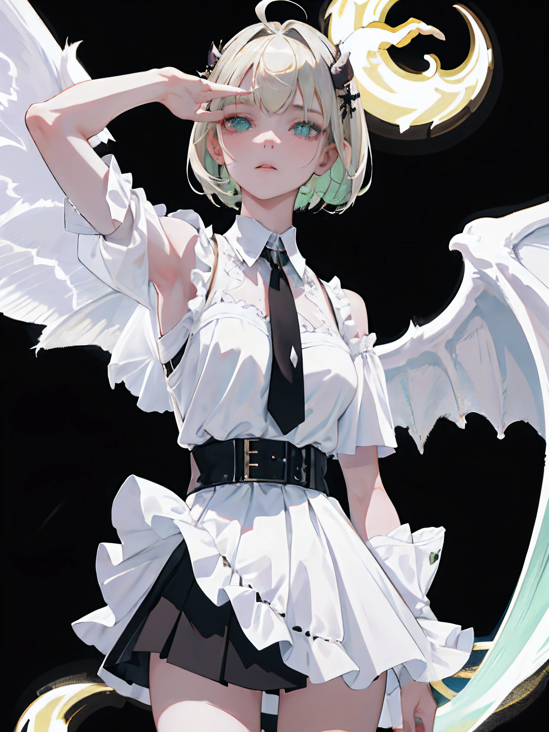 ((masterpiece, best quality)), (1girl), (solo), (female focus), (ahoge, ash blonde hair, short hair), green eyes, ((white shirt), (buttoned shirt)), ((black skirt), (short skirt)), standing, white background, arms behind back, bat wings on the waist, sheep horns, sad eyes, cold facial expression, cold look, pale skin, colour grading, dark illustration, extreme quality, radiant, extremely detailed, ultra-detailed face, ultra hd 8k, ultra digitality, mythical, dark lightning, sleepy eyes, detailed hands