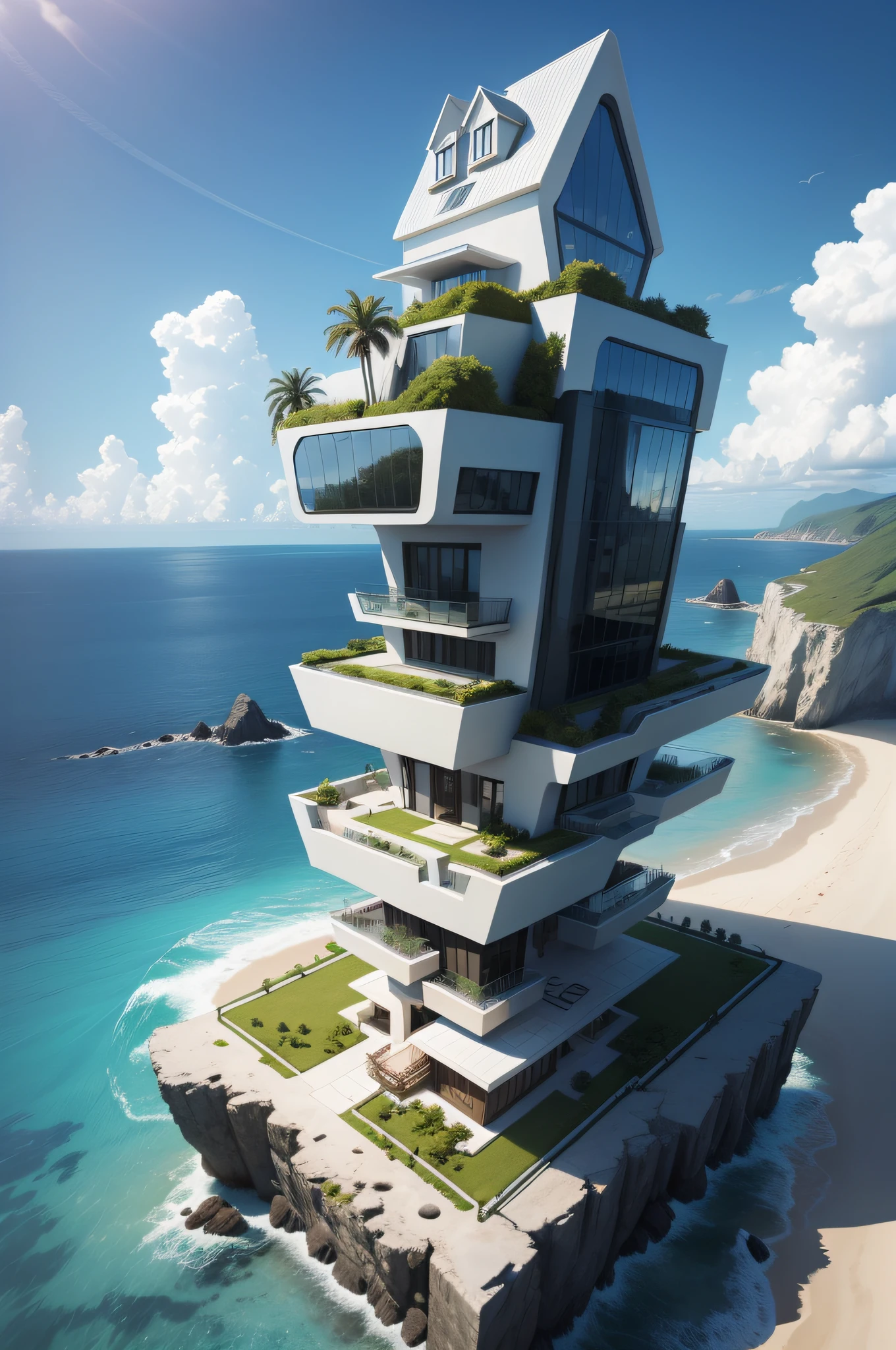 Five-storey futuristic rock house,Located on a castle style island, Far from the mainland, In the middle of the Atlantic, High walls, High security, Highly realistic, Mirror window, Lots of palm trees, ,
