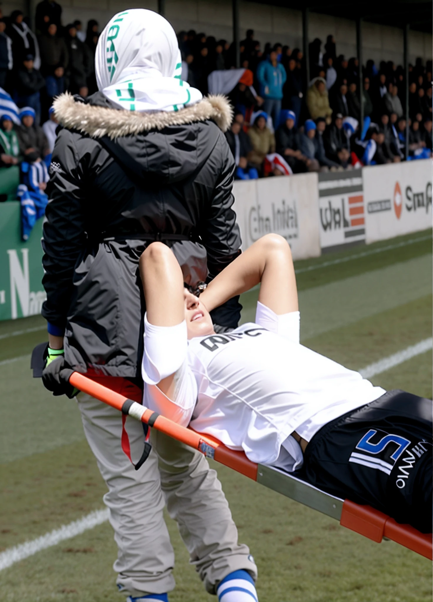 a sports accident in a rainy soccer stadium, a syrian woman in a back view with a shiny headscarf and a black plastic coat carries an orange stretcher behind her, the Syrian woman grasps the handles of the stretcher with her hands, on the stretcher lies a soccer player on his back in matte and dull and lackluster white and black sportswear with short sleeves who has both arms bent and covers his pain-contorted face with his hands, the syrian woman carries the stretcher with the footballer lying on it away from us and out of the field, the syrian woman feels infinite compassion for the injured footballer, the syrian woman acts out of immeasurable compassion, the footballer is in enormous pain, compassion, mercy, drama, realistic photo, super realistic shot, ultra realistic photo, sports photography, dramatic scene, accident, assistance