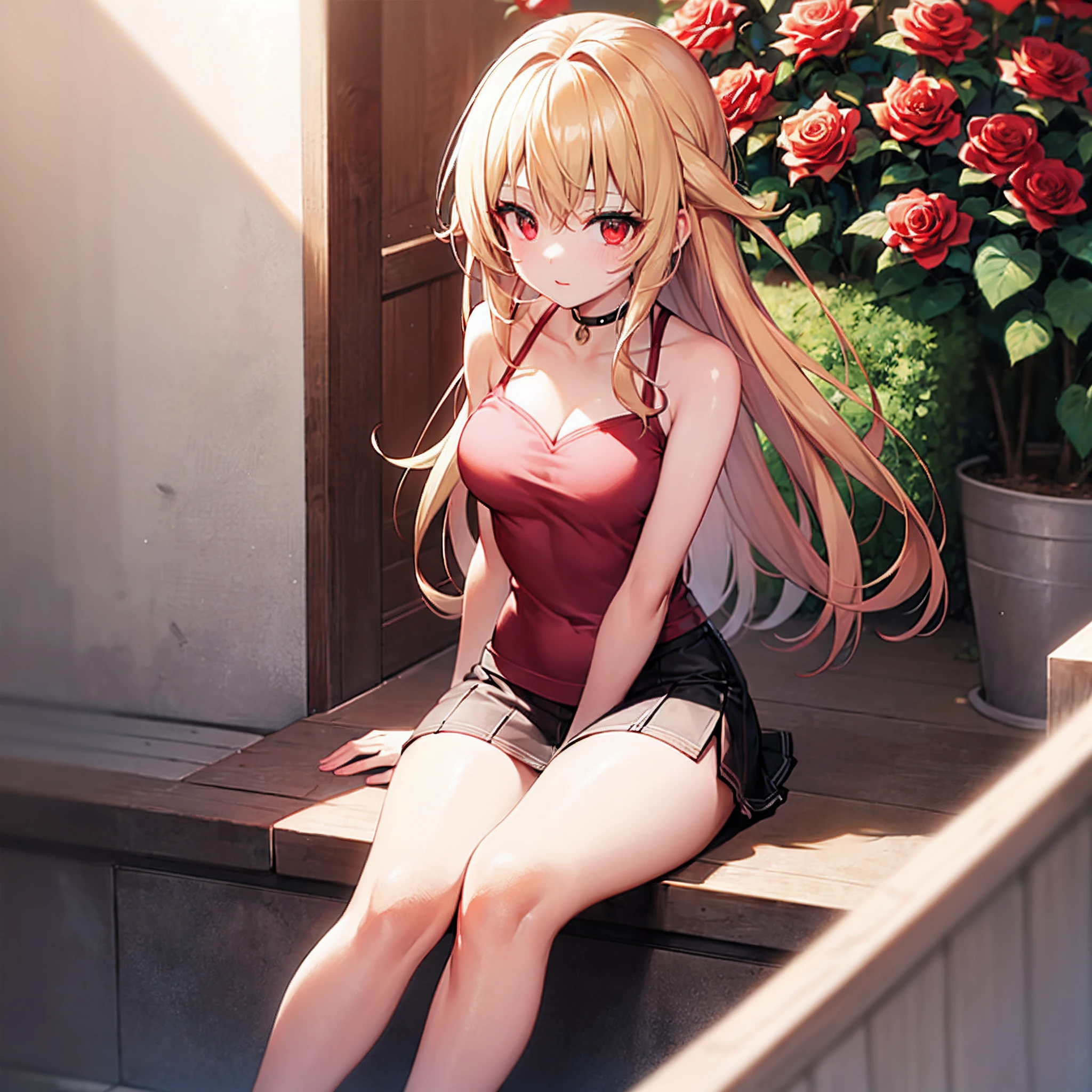 a blond、red eyes、Beautiful girl alone、Bright red roses、bare-legged、a miniskirt、