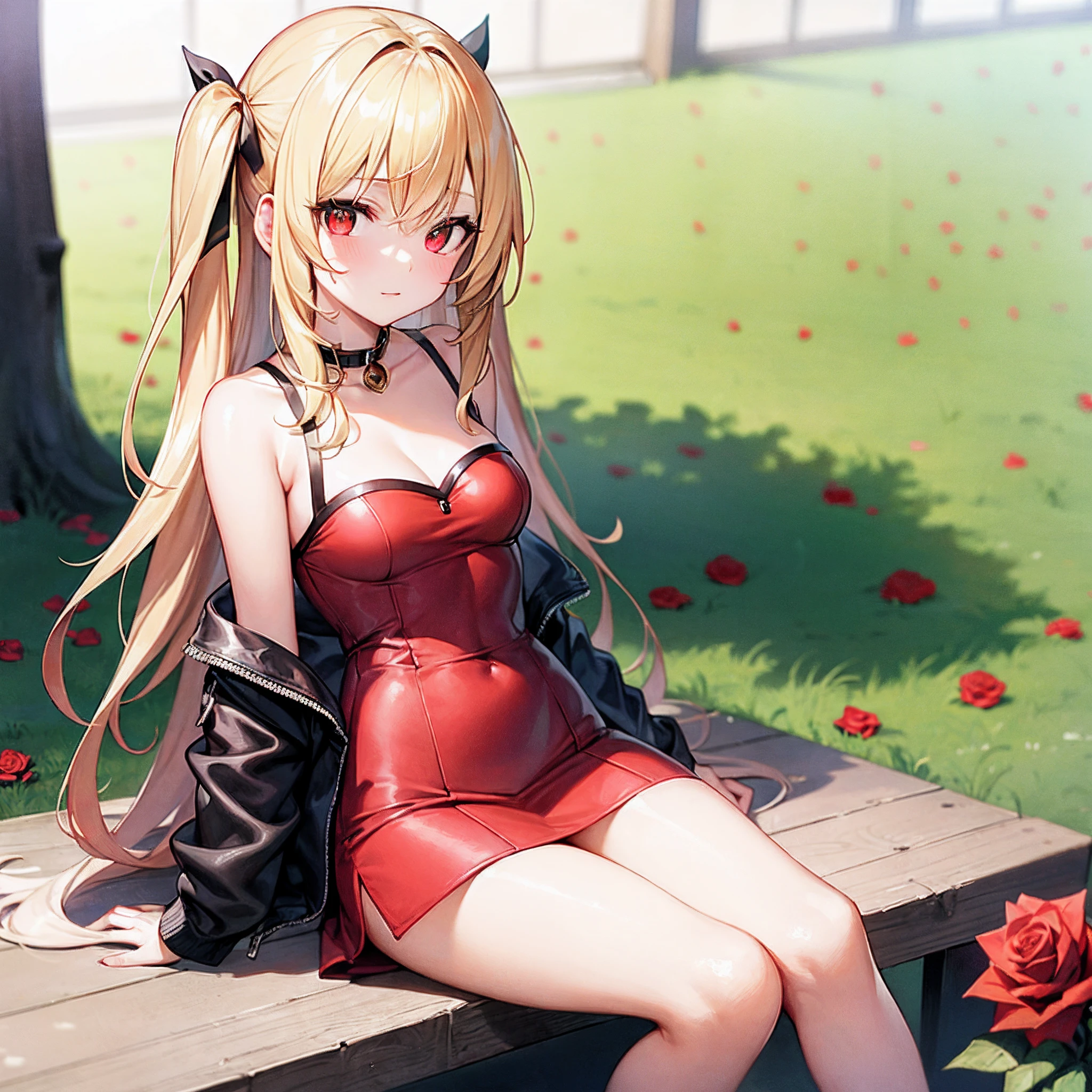 a blond、red eyes、Beautiful girl alone、Bright red roses、bare-legged、a miniskirt、