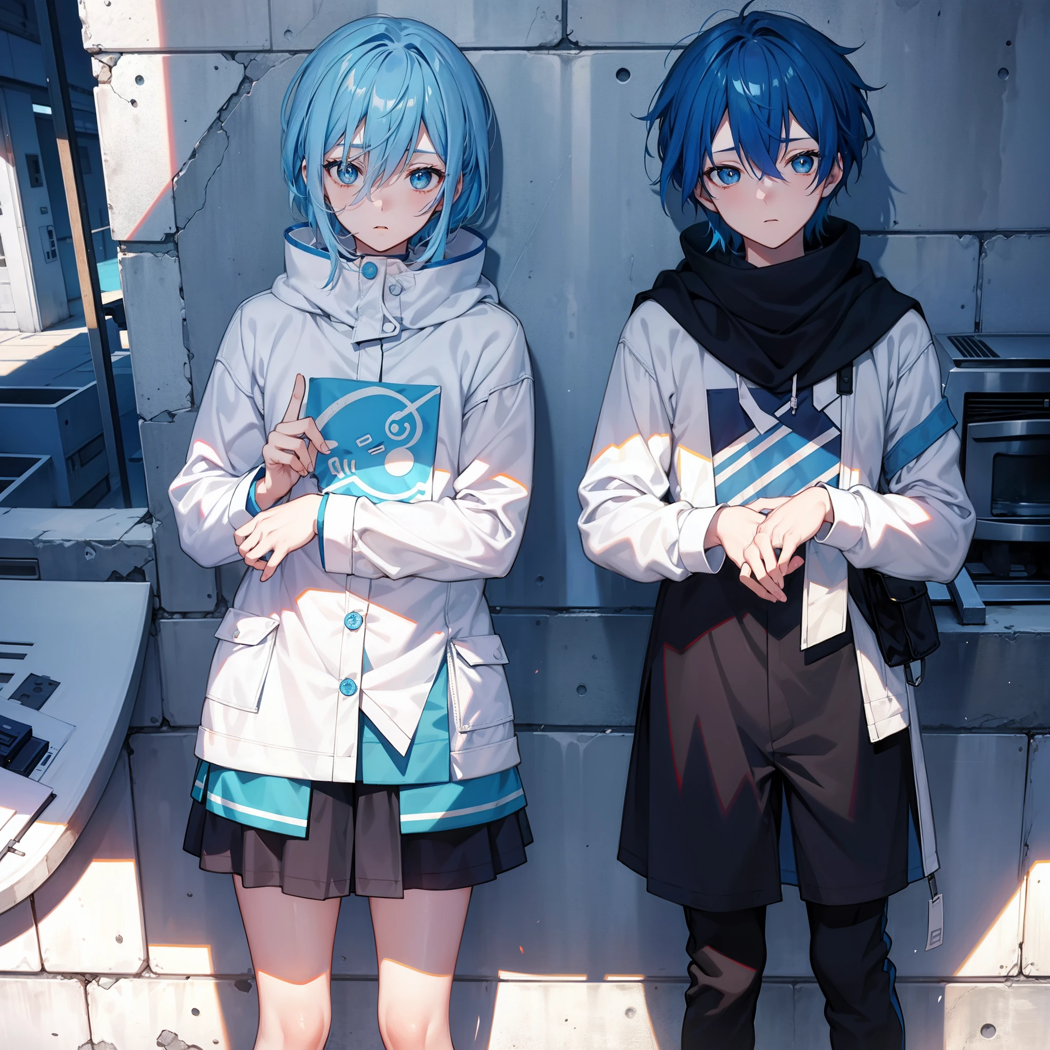A cute boy，high and cold，Blue hair，blue colored eyes，shyexpression，full bodyesbian，style of anime，Correct ray casting，Correct shadows，Ultra-clear，8K分辨率