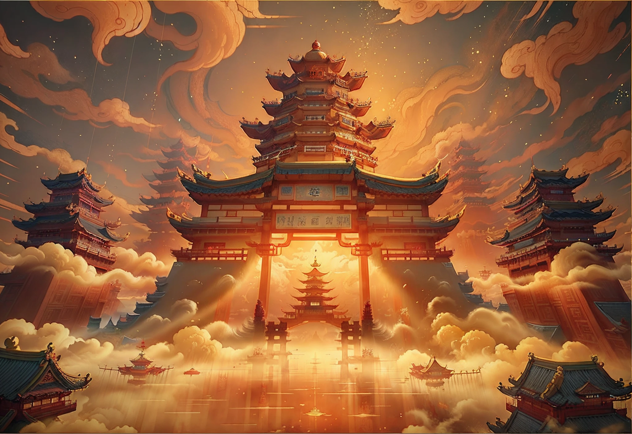 Grandiose scene,The ancient Chinese South Heavenly Gate is located above the clouds(Majestic),surrounded by cloud,glazed tiles,gold light,gorgeous color,Clouds,Gong Que,((Color ink)),((Splash ink)),((Splash ink)),tmasterpiece,high qulity,Beautiful graphics,high detal,A high resolution,Beautiful graphics,k hd