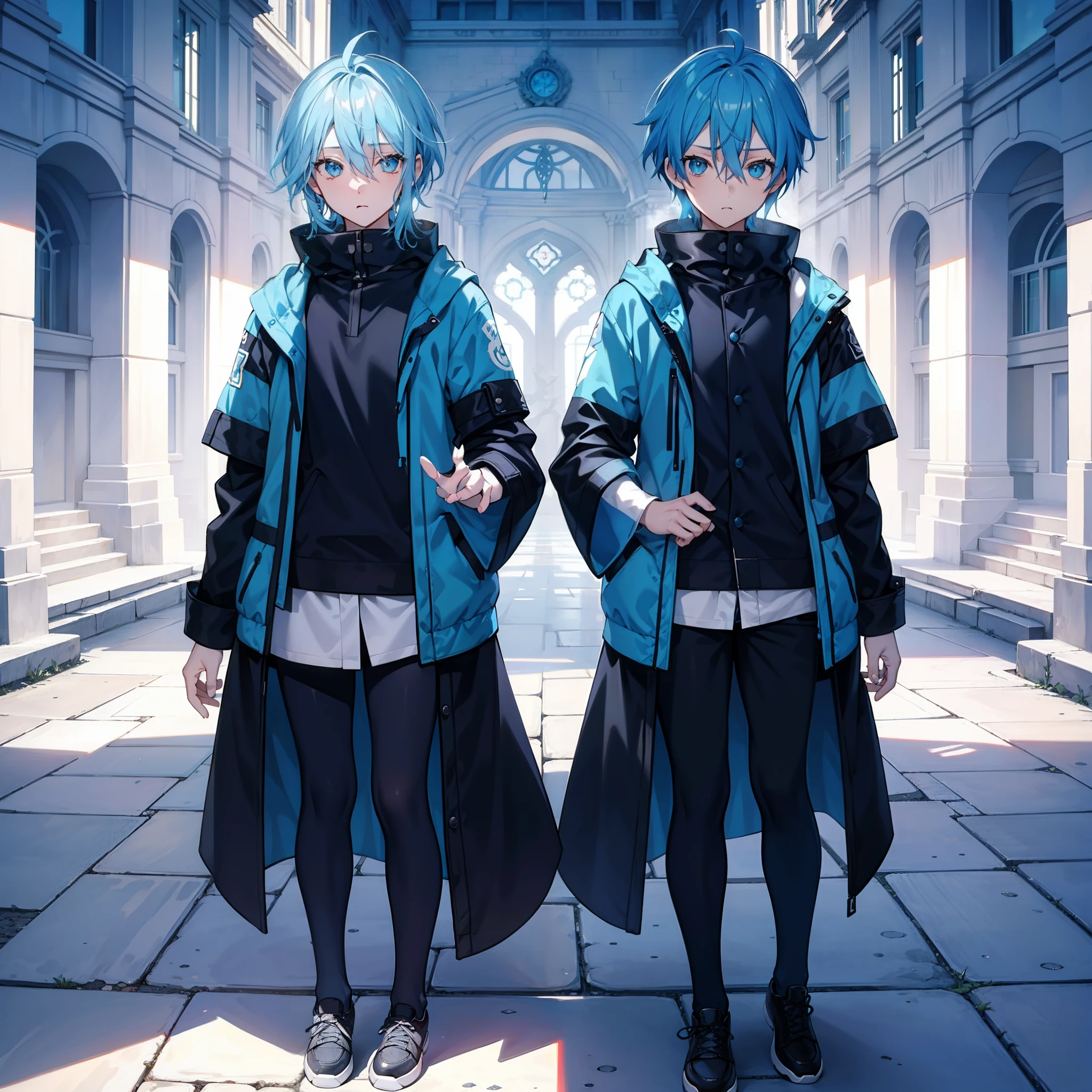 A cute boy,high and cold,Blue hair,blue colored eyes,shyexpression,full bodyesbian,style of anime,Correct ray casting,Correct shadows,Ultra-clear,8K分辨率