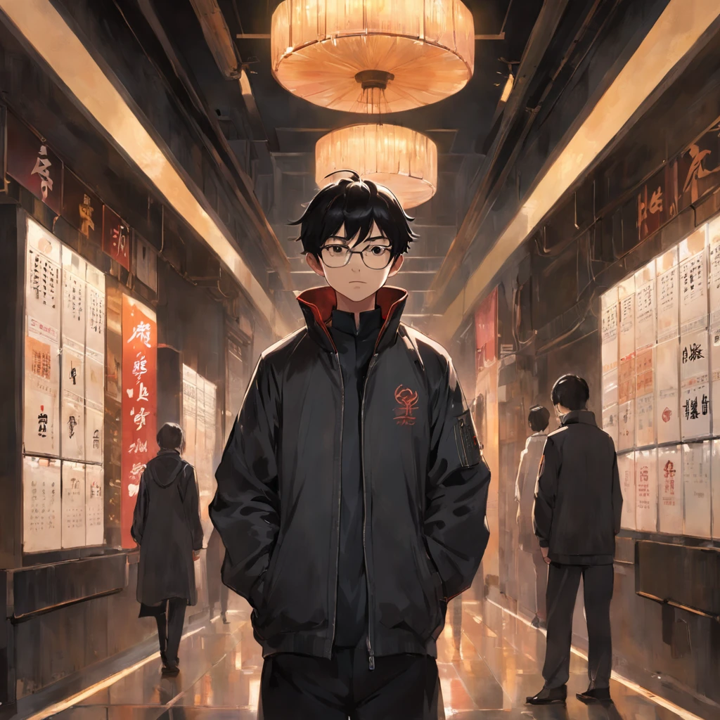 An Alafard man wearing glasses and a black jacket stands in the hallway, a picture inspired by Ding Yunpeng, reddit, shin hanga, yanjun cheng, xintong chen, Wang Qichao, jinyiwei, Lin Qifeng, zeng fanzh, 2 8 years old, Li Zixin, wenjun lin, huifeng huang