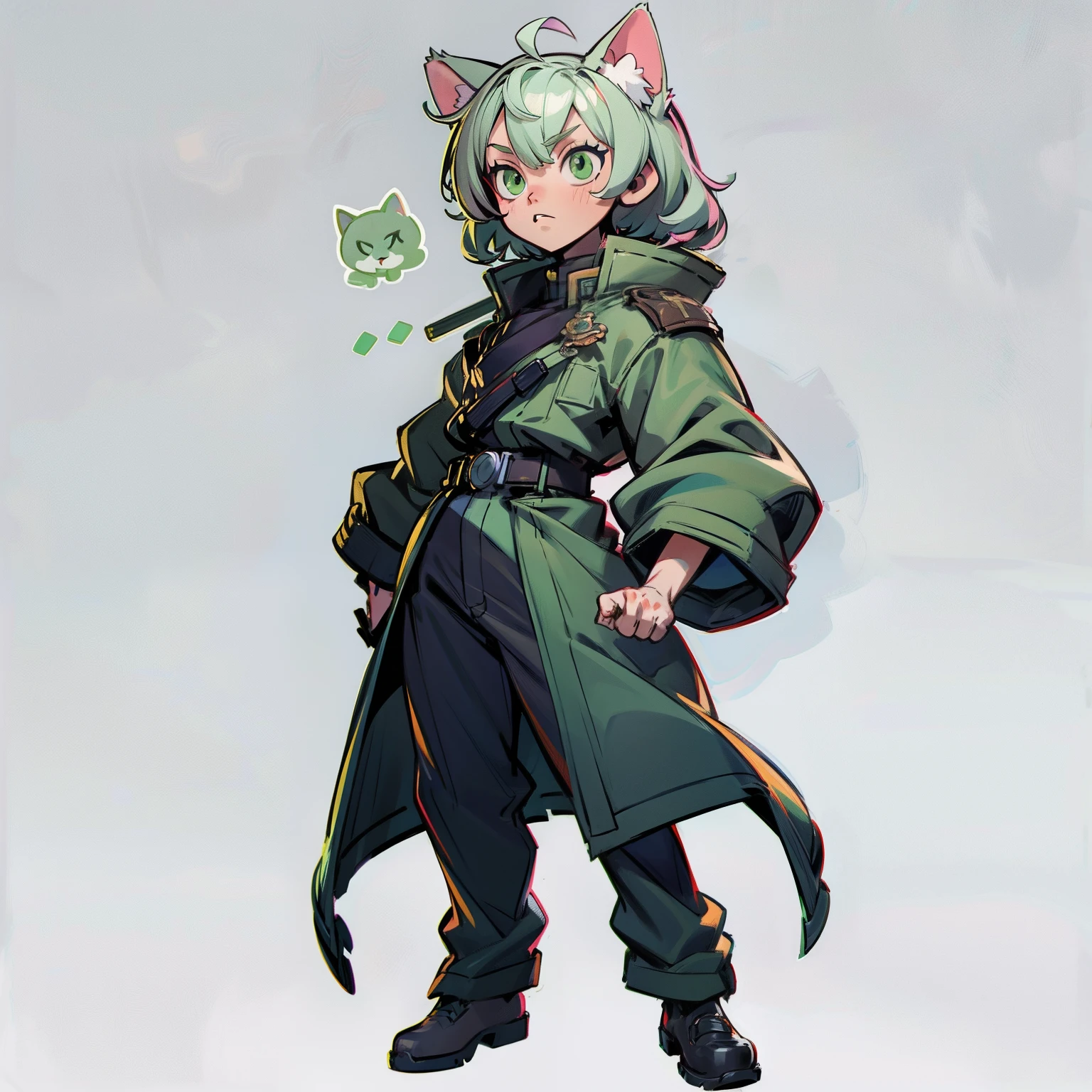 masutepiece, Best Quality, Full body shot, No background, White background, Green cat eyes, Wild , muscular, Military coat, Cat's ears, chibi