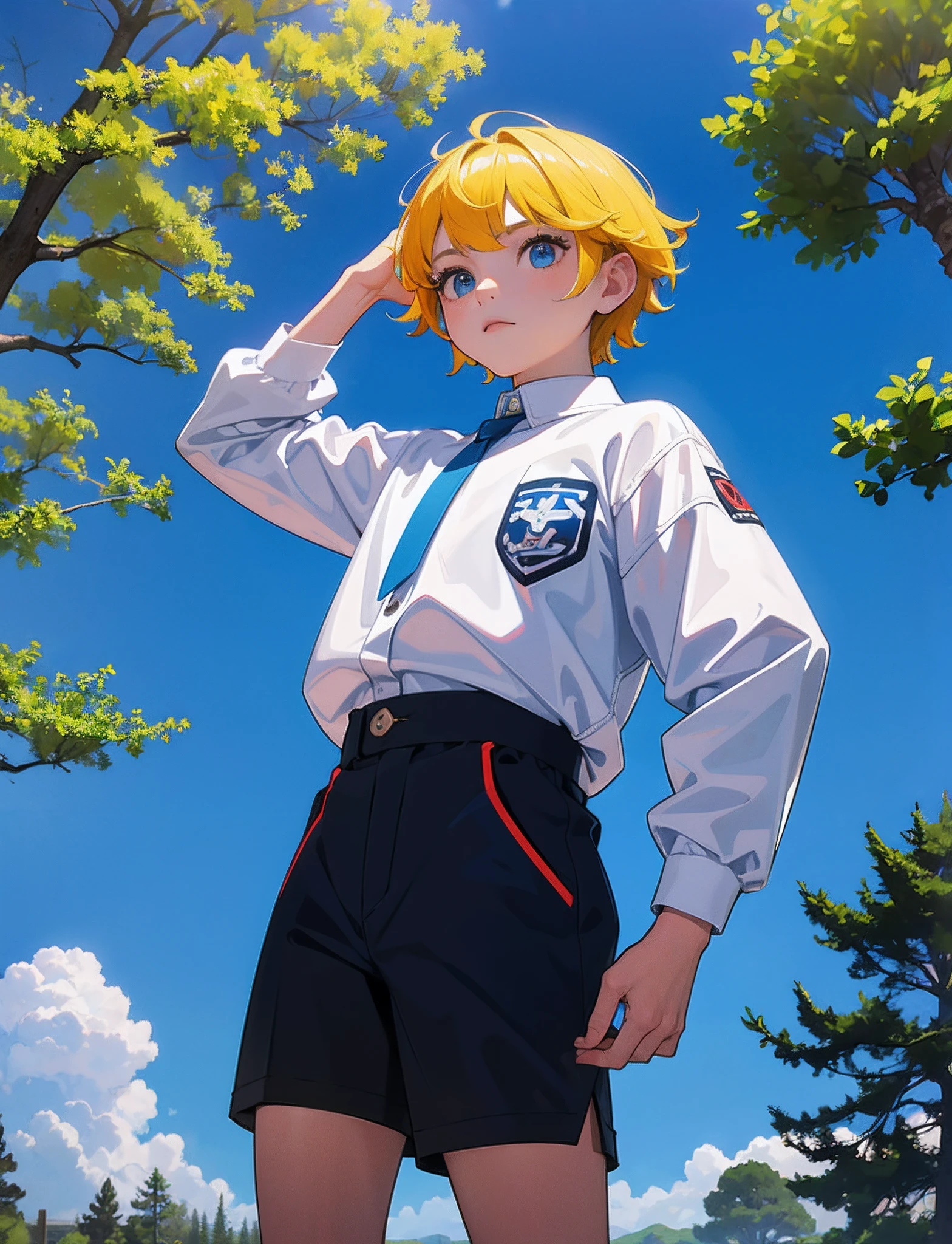 A child with,Use una chaqueta de mezclilla,ojos de color azul,Sentado en el parque,Big tree in the background,Puesta de sol y puesta de sol,staring directly into camera,Foto de cuerpo entero,ultra-high def