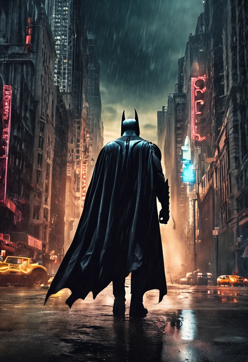 Generate a stunnning hyper realistic gothic style batman poster with a cowboy shot of batman looking over gotham city in the rain