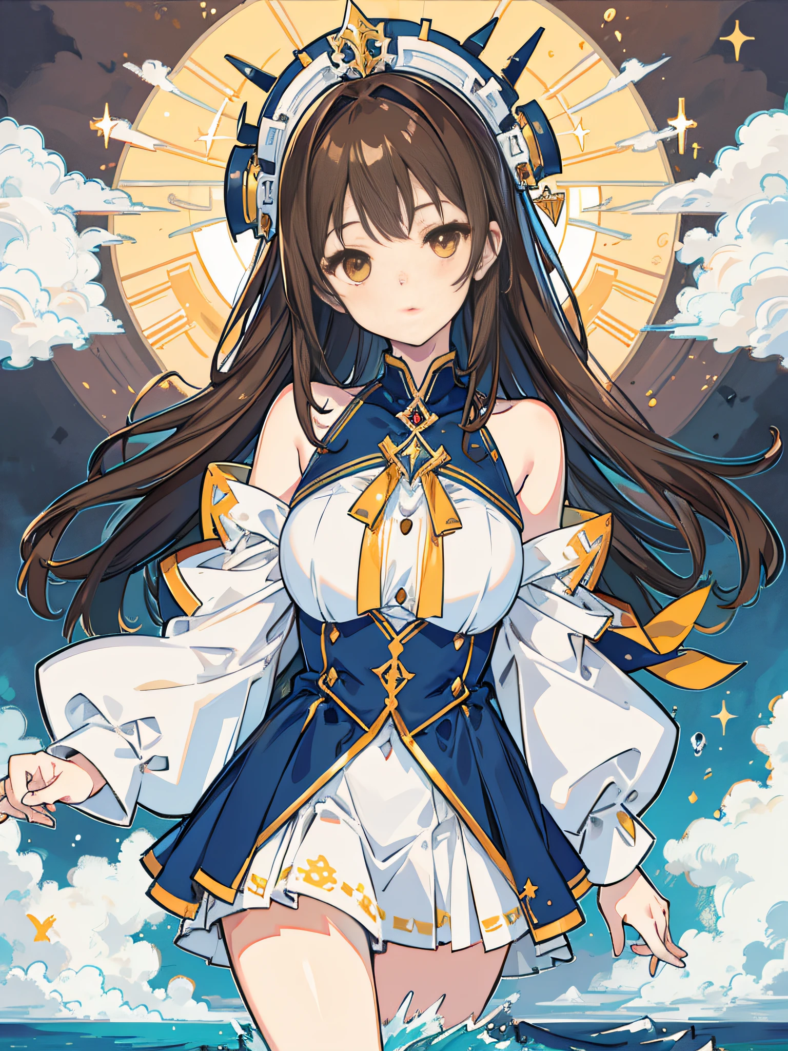 masterpiece, best quality, masterpiece,best quality,official art,extremely detailed CG unity 8k wallpaper, dusk, sun, sea, artbook, game_cg, original, huge_filesize, bust, English, girl, mature female, brown hair, medium hair, hime_cut, crossed bangs, light smile, yellow eyes, medium breasts, off_shoulder, garreg mach monastery uniform, head tilt,