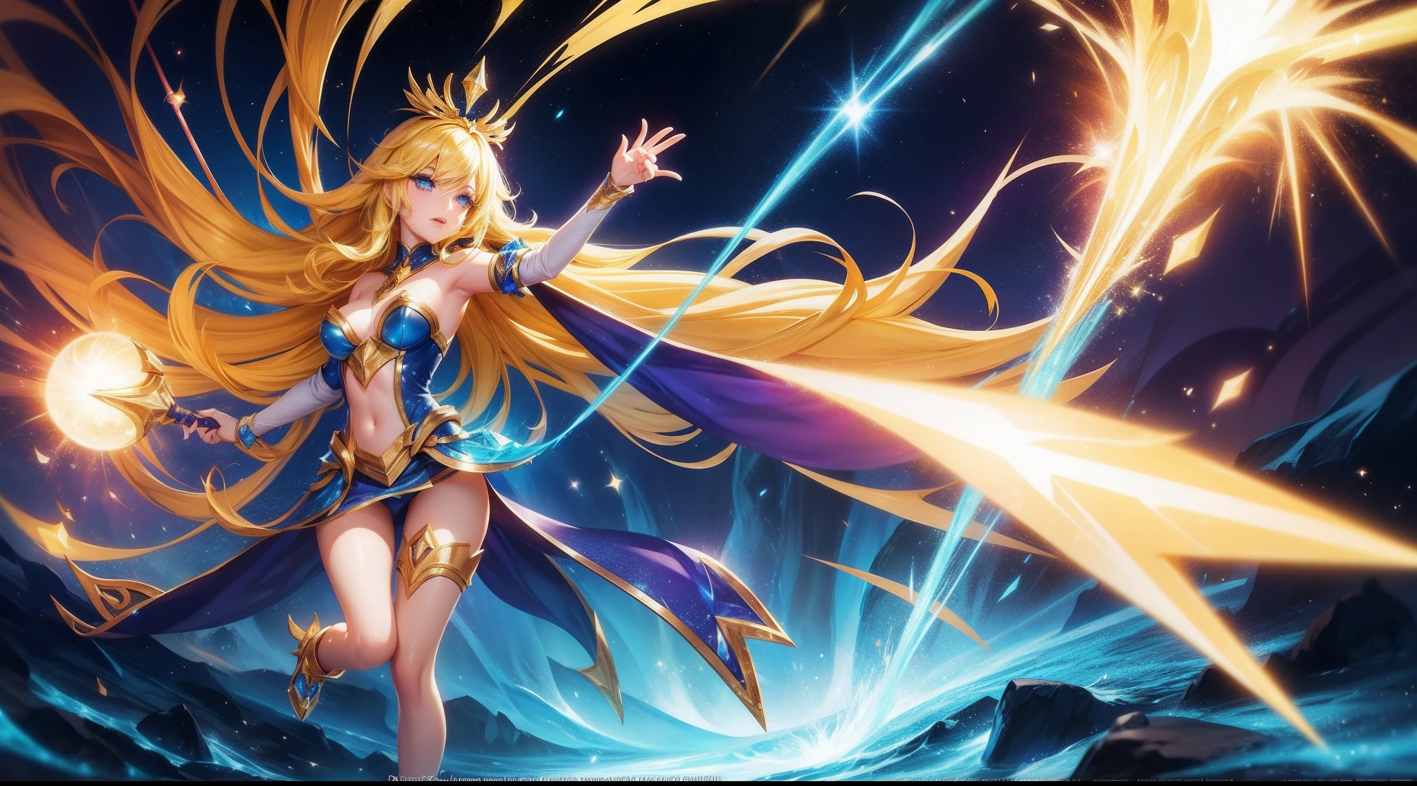 lux from league of legends, full body, yellow hair, glitter wand, blue eyes, league of legends splash art, wallpaper, no very revealing outfit