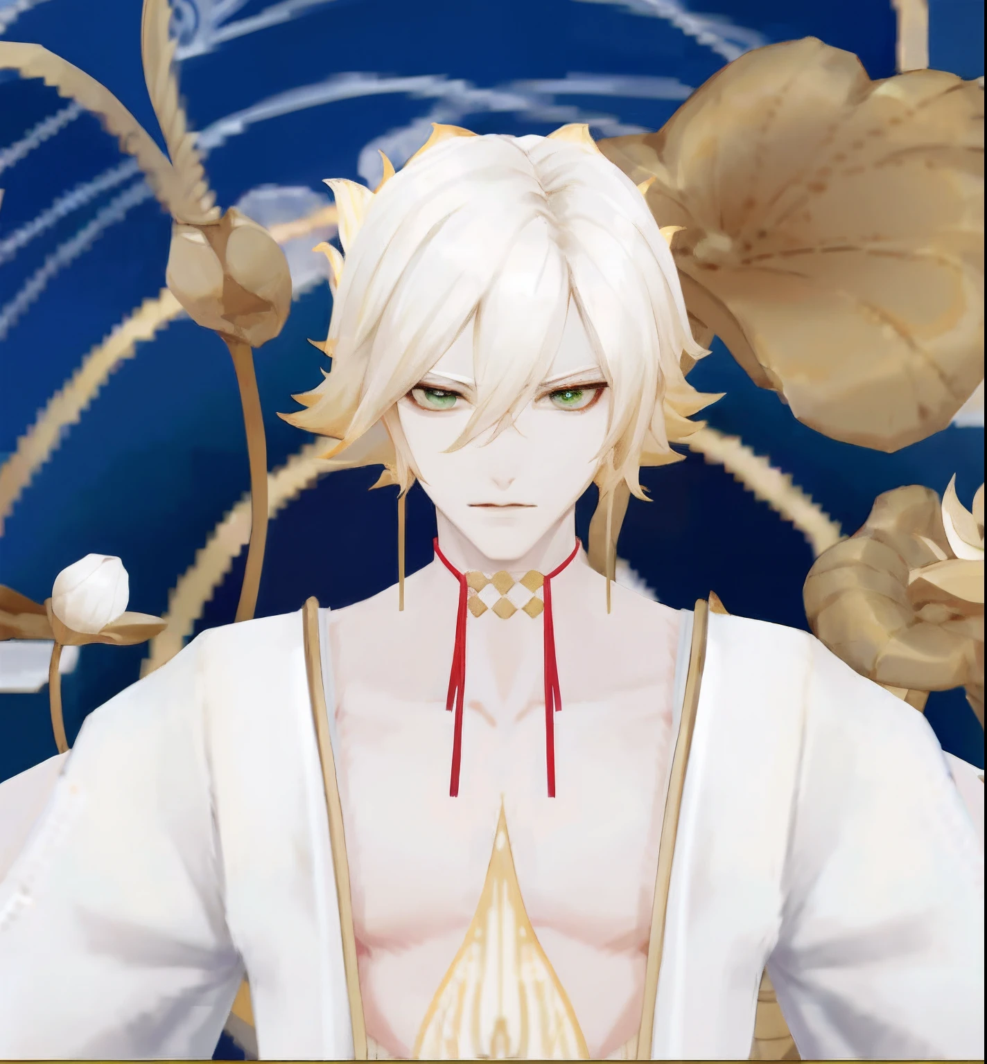 Anime - a stylistic image of a man with white hair and green eyes, Delicate androgynous prince, Beautiful androgynous prince