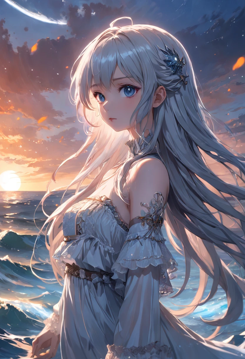 ((masterpiece)), ((best quality)), ((illustration)), extremely detailed,style girl, long shot, small breast,light grey very_long_hair, scifi hair ornaments, beautiful detailed deep eyes, beautiful detailed sky, beautifuldetailed water, cinematic lighting, dramatic angle, (very long sleeves), frills, formal, close to viewer, (an extremely delicate and beautiful),best quality,highres,official art,extremely detailed CG unity 8k wallpaper, ((starry sky)), star river,array stars, Holy, noble, ((oil painting)) , ((wallpaper 8k CG)), (realistic), Concept Art, vary blue and red and orange and pink hard light, intricate light, dynamic hair, haircut, dynamic fuzziness, beautiful and aesthetic, intricate light, manga and anime