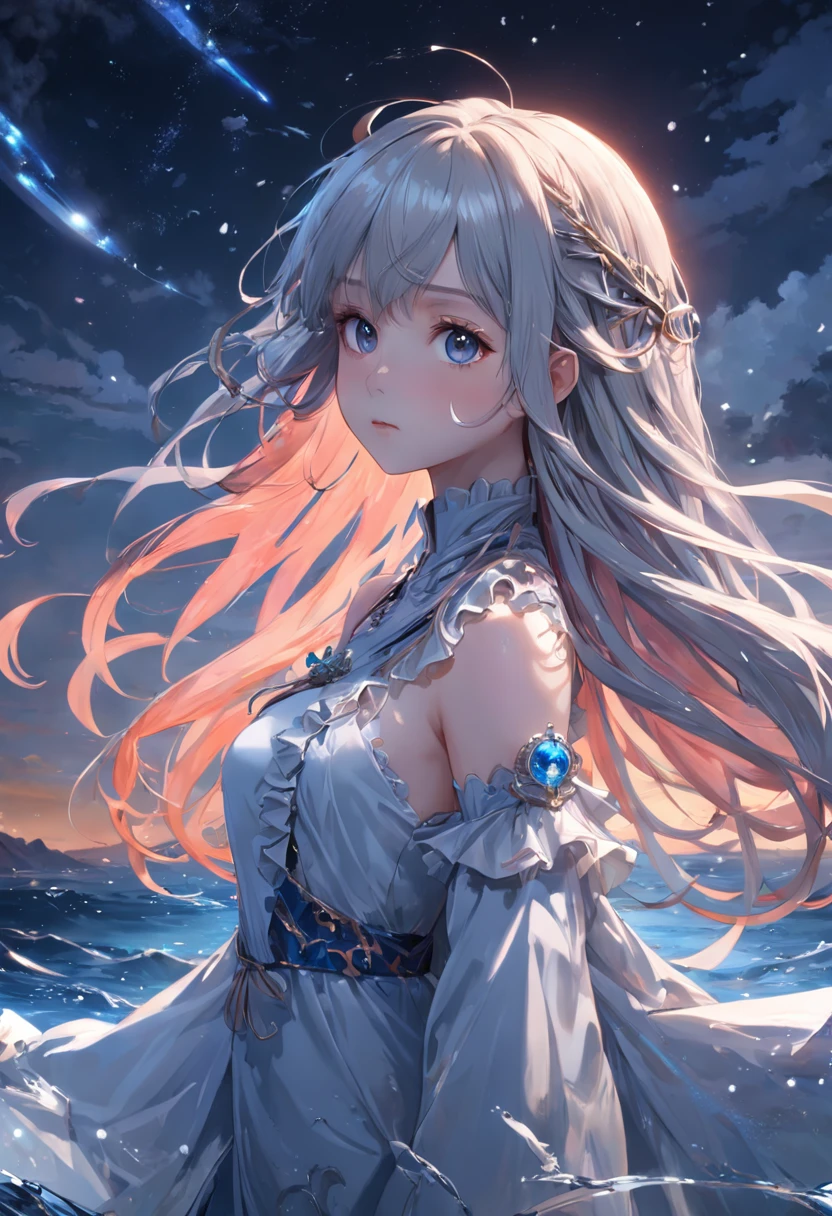 ((masterpiece)), ((best quality)), ((illustration)), extremely detailed,style girl, long shot, small breast,light grey very_long_hair, scifi hair ornaments, beautiful detailed deep eyes, beautiful detailed sky, beautifuldetailed water, cinematic lighting, dramatic angle, (very long sleeves), frills, formal, close to viewer, (an extremely delicate and beautiful),best quality,highres,official art,extremely detailed CG unity 8k wallpaper, ((starry sky)), star river,array stars, Holy, noble, ((oil painting)) , ((wallpaper 8k CG)), (realistic), Concept Art, vary blue and red and orange and pink hard light, intricate light, dynamic hair, haircut, dynamic fuzziness, beautiful and aesthetic, intricate light, manga and anime