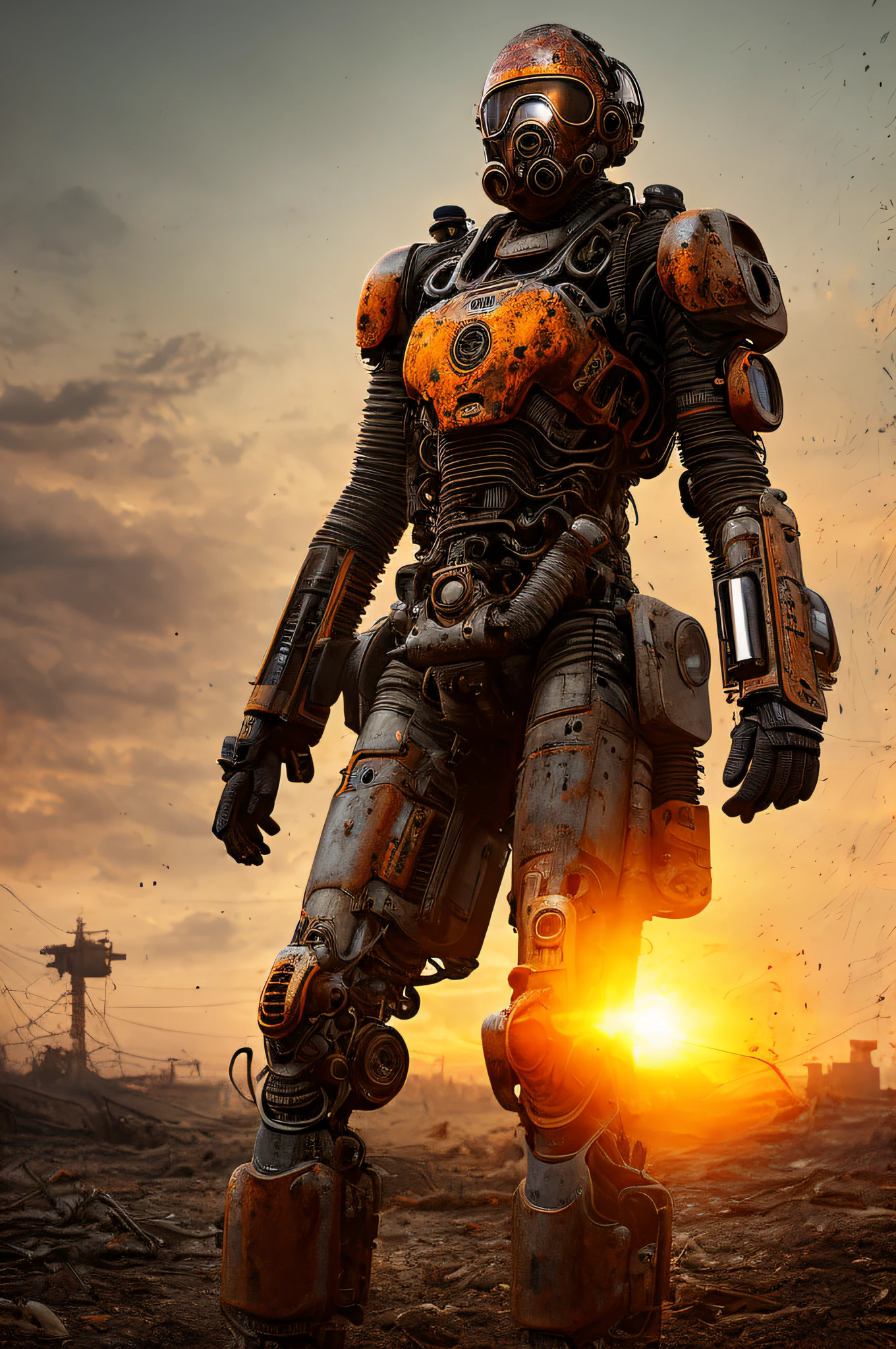 hyper realistic photo model shoot style, (detailed face), (black hair woman age 30 in a rusty hydraulic mech exoskeleton), sunset, oil, sweat, dirt, ripped, post-apocalyptic, 64k, masterpiece, raw look,