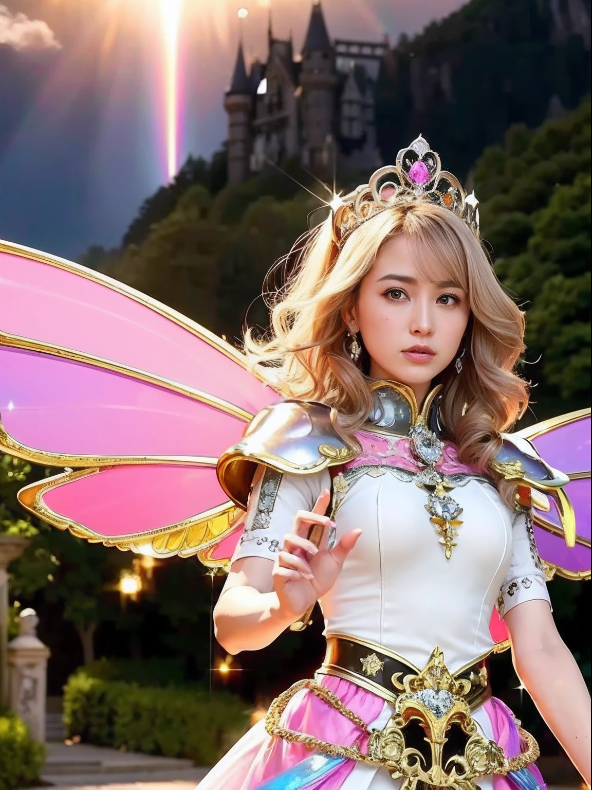 Professional , ​masterpiece、top-quality、photos realistic , depth of fields （Gemstone Silver Metal Body:1.９),(Matte White Pink、Jewel Gold Weapon、（Gorgeous castle background）、（ultimate beauty girl）、（Rainbow fairy wings grow）、Particles of light、（Metal body of iridescent gemstones:1.９),Gorgeous Jewel Metal Weapons , Detailed Sword of the Brave ,（ a blond）    , adepta sororitas,Detail and ornate jewel crown、独奏、Brown hair、Mystical expression、（Gangle's forest background）、Beautiful Caucasian beauty、１a person、dynamic ungle,(((Diamond tiara with detail and luxury)))、a small face、Beautiful poses、（Gorgeous castle background）、huge filesize、Beautiful girl at 16 years old、Stand in the center of the screen、Thin female fingers、Straight long hair、Beautiful Caucasian beauty、（maikurobikini）、Hair fluttering in the wind、face forwards、Look at viewers、（Armpit）、Armpit、