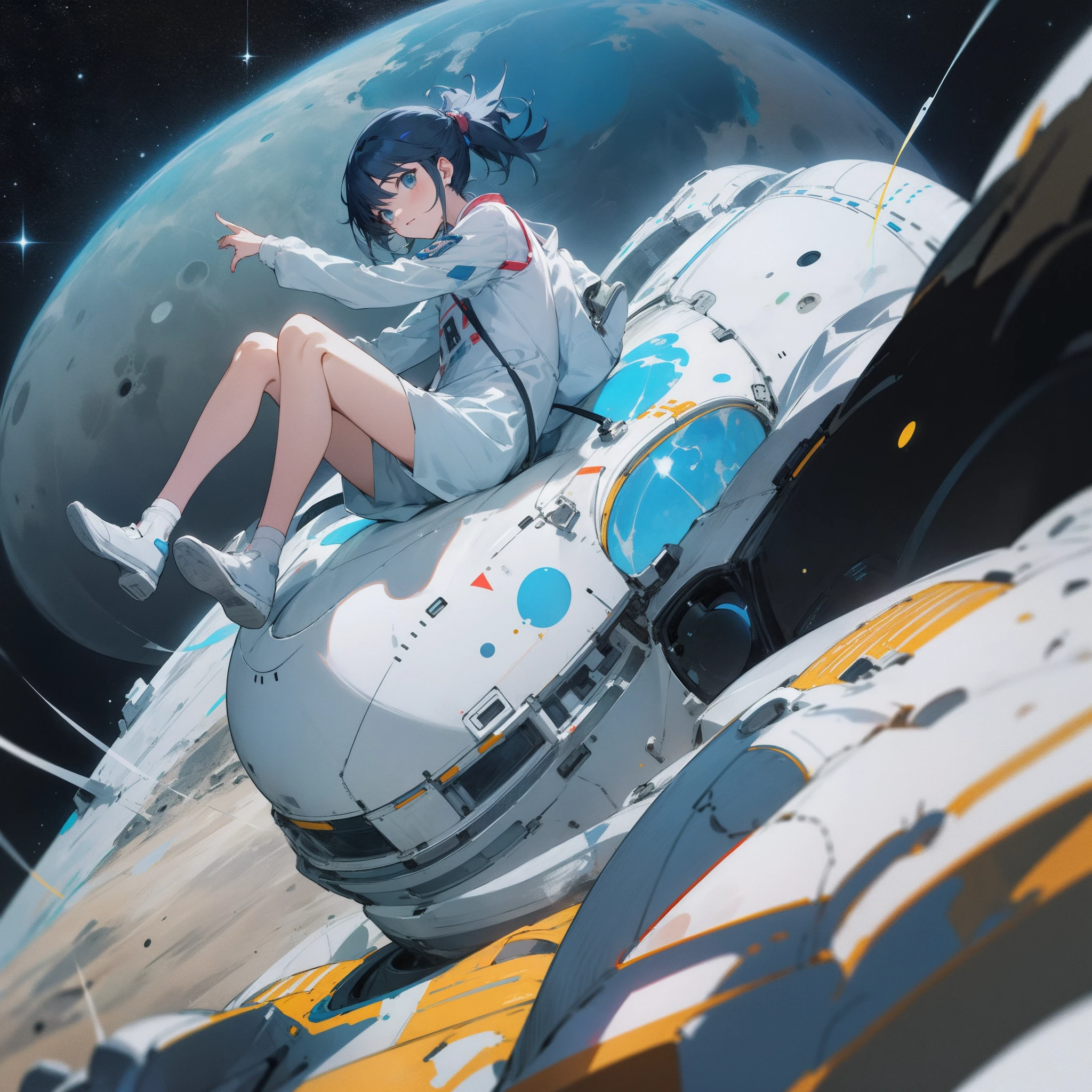 An anime character sitting on the moon and looking at the earth alone