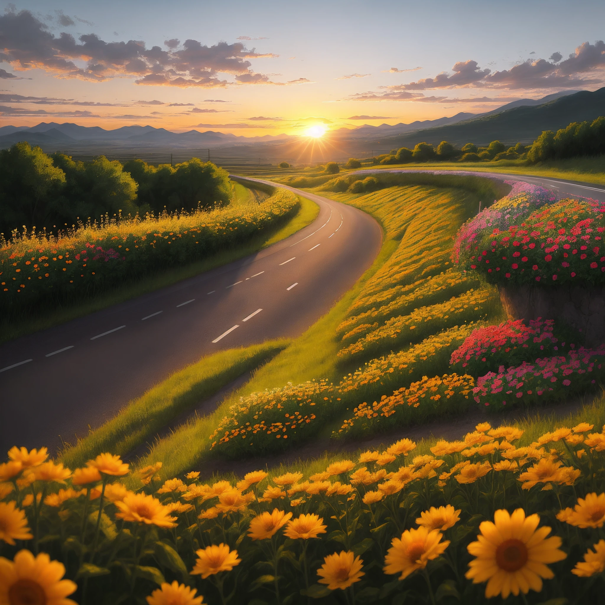 on the road,the setting sun,Flowers in hand