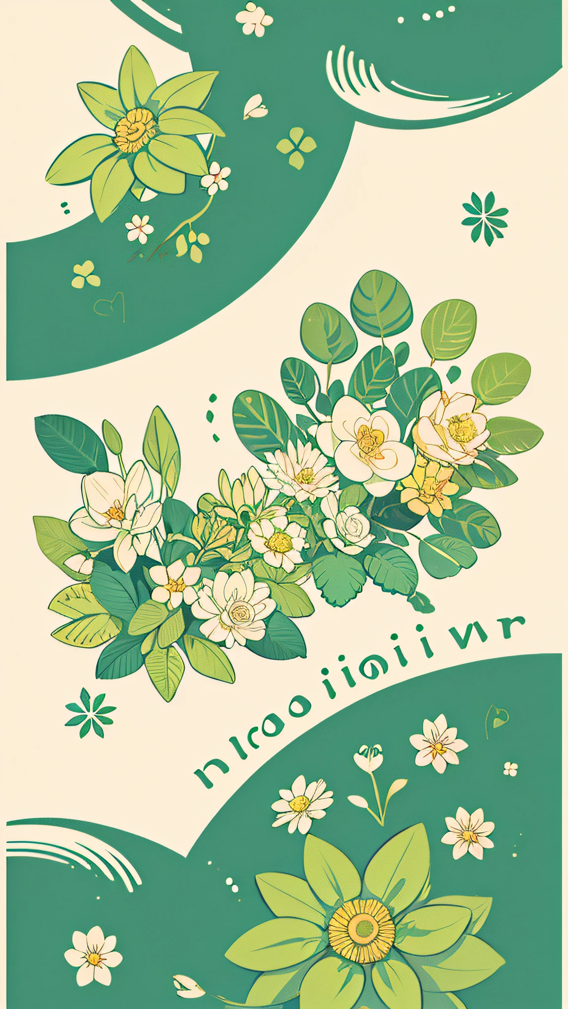 Slight vintage color,planar,,RISO print style,illustration,adolable,Leave white space,low-saturation,Lots of flowers,Individually arranged,leafs,branches,Printing, a sticker,Random distribution,Lovely drawing style, Color guide,Graphic design,Carpet pattern,(solid color backdrop)