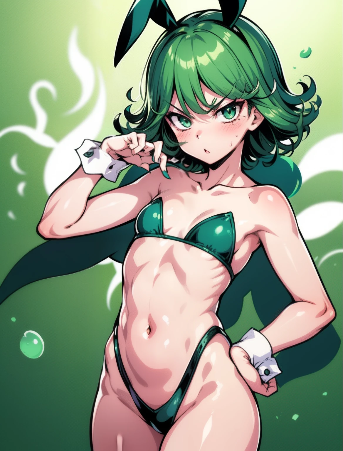 Terrible_Tornado, looking at viewer, angry, blush, attack pose, short hair, bangs, green eyes, detailed eyes, collarbone, thighs, small breasts, parted lips, green hair, playboy bunny, cowboy shot, hands on hips