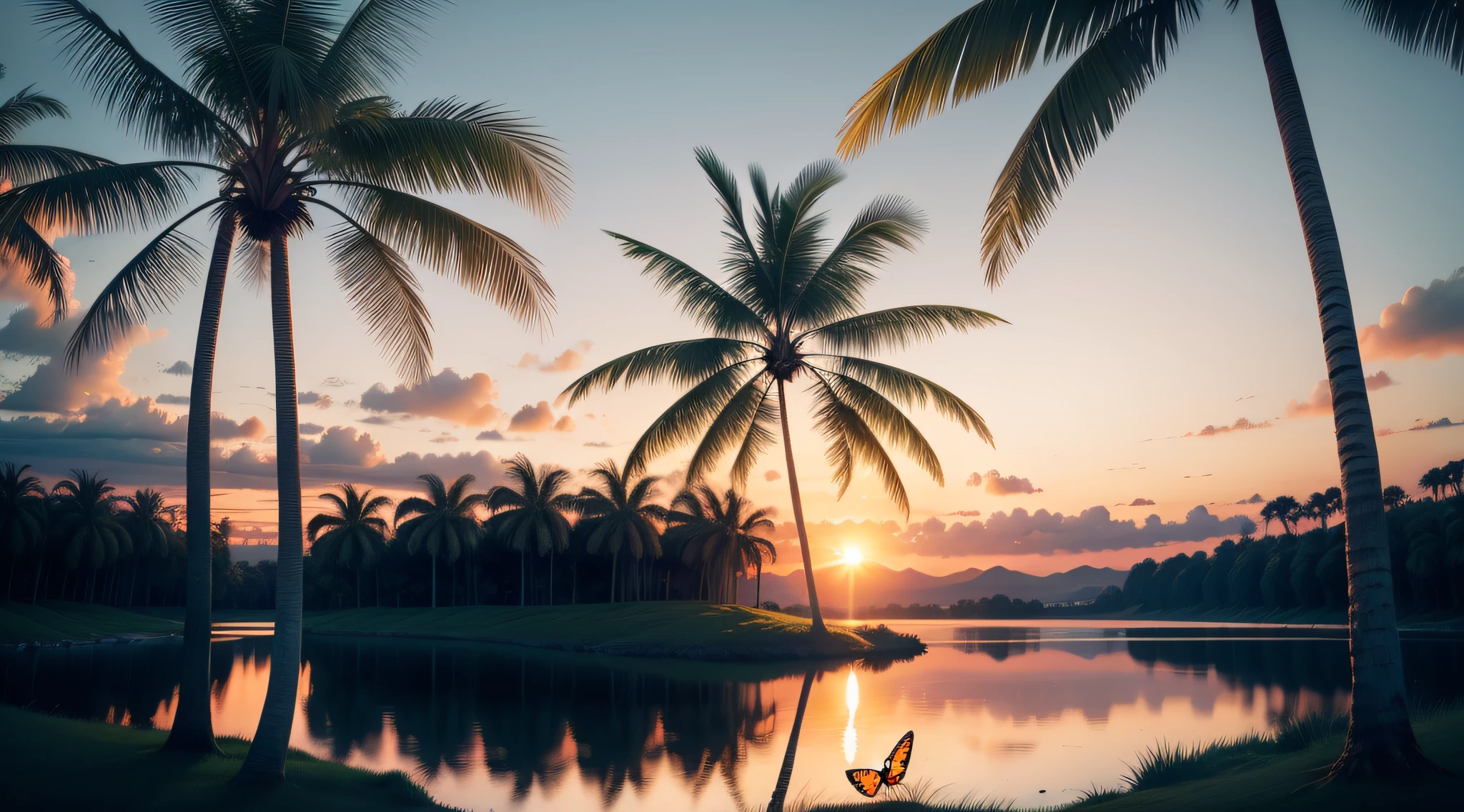 nature, outdoors, no humans, lake, palm tree, cloud, bug, butterfly, evening, water, sun, sky, tropical, sunset, tree, scenery,