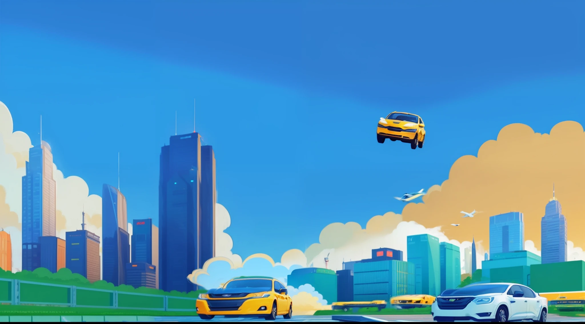 Horizontal poster,Started car,poster for,illustration,Flat wind,freeway,城市,Jumping characters,Clouds,With a car theme,Memphis,Horizontal version,Moving cars,Sense of speed,Break out of the clouds,visual shock,Three-quarters angle,Big car,Pickup,vibrancy,Event Master KV