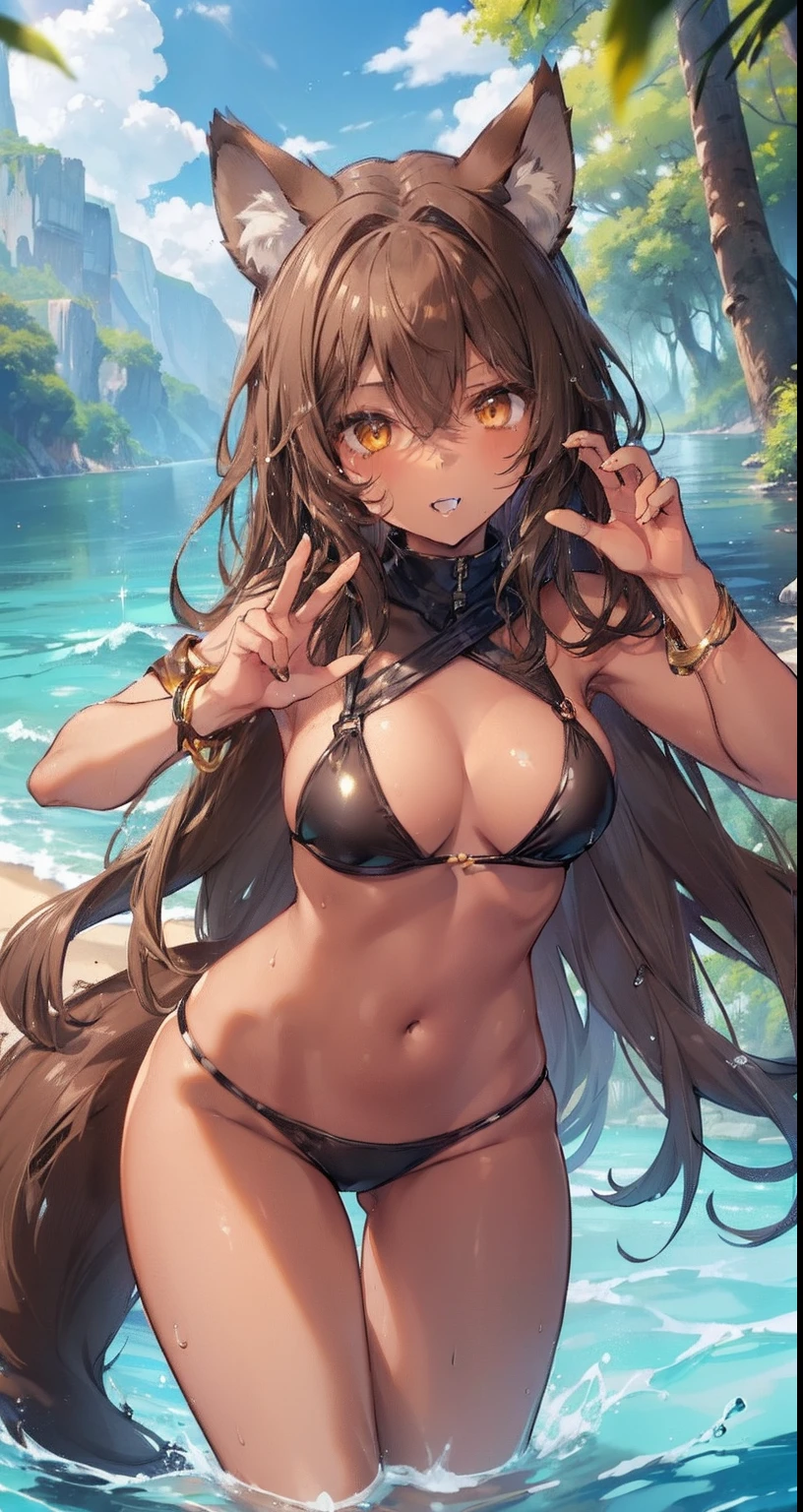 ((brown skin tone:1.5))、wolf ears、wolf tail、girl with、black bikini with metallic inserts、majestic nature、the woods、yellow cat eyes、lake、innocent smile、opening mouth、,moist 、Water Splash、Fang、Claw Pose