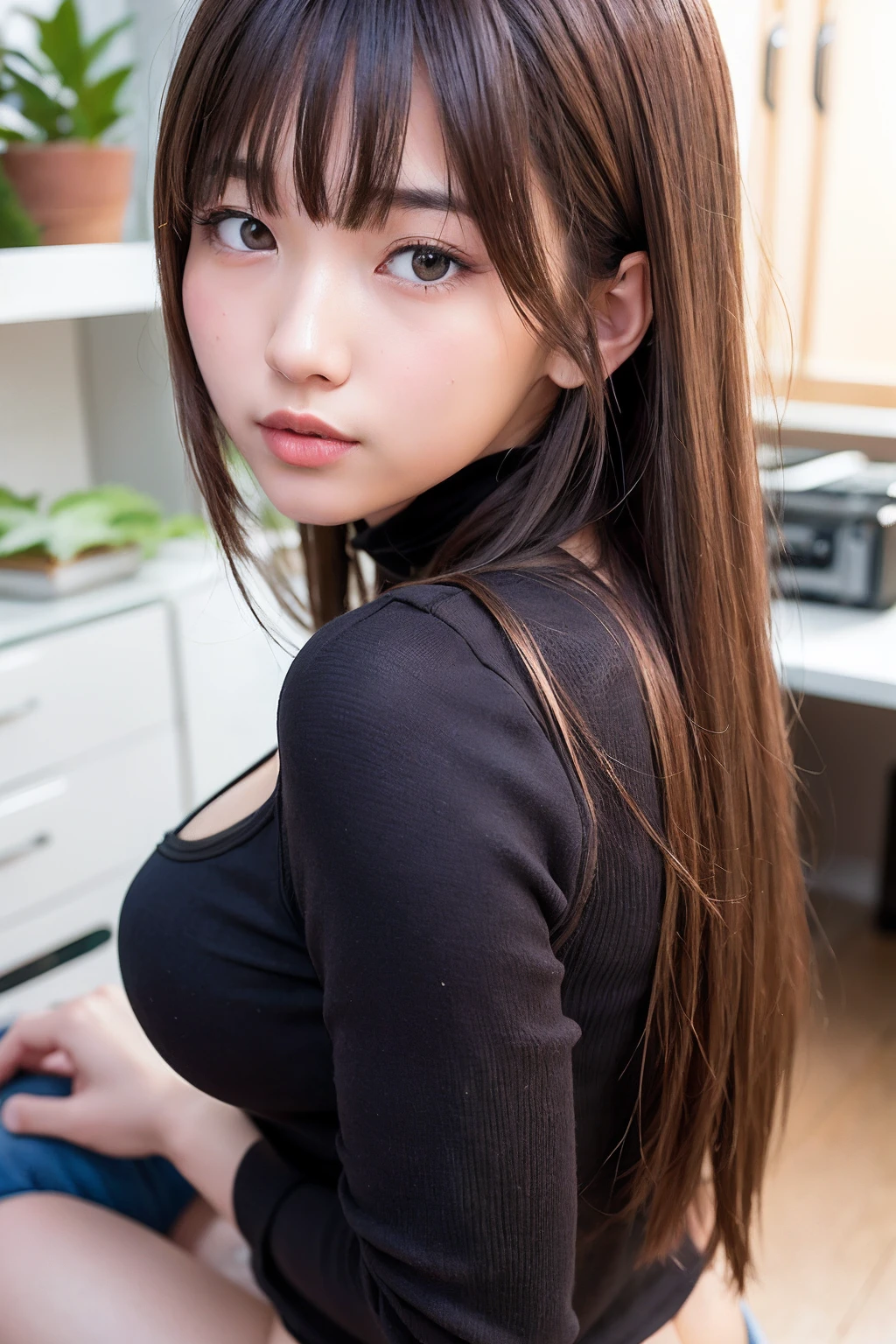 top-quality、超A high resolution、(Photorealsitic:1.4)、8K分辨率、girl with、(Brown random hair:1.3)、(Realistic hair:1.2)、(a Korean girl:1.2)、(realisticeyes:1.2)、(beautiful countenance) :1.3)、the perfect body、de pele branca、large full breasts、Valley、(Wet T-back:1.2)、