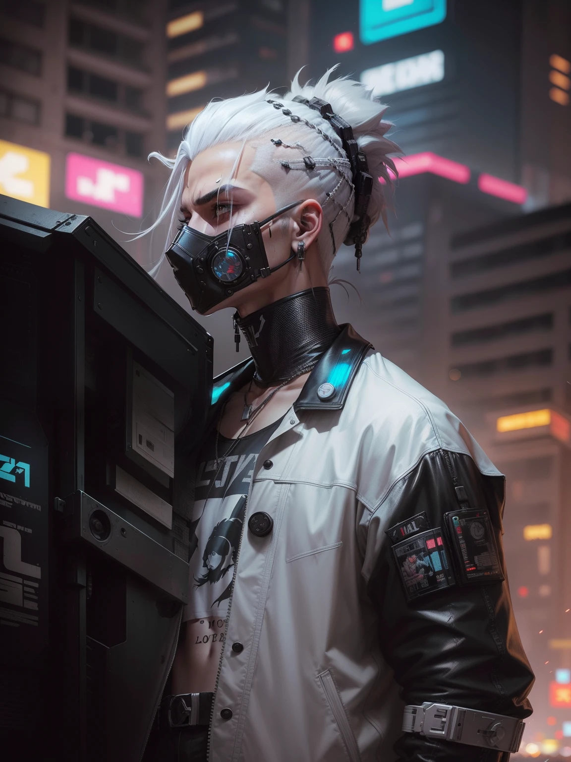 Man with a mohawk and long hair,white hair arte do personagem cyberpunk, estilo cyberpunk hiper-realista, pintura digital cyberpunk, estilo cyberpunk ， hiper-realista, cyberpunk themed art, cara cyberpunk, advanced digital cyberpunk art, estilo de arte cyberpunk, personagem cyberpunk, retrato cyberpunk, cor estilo cyberpunk, Retrato de um homem cyberpunk, detailed cyberpunk illustration, Retrato de um ciborgue cyberpunk black leader jacket