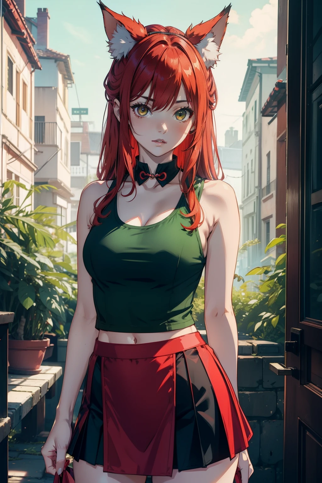 half kitsune half human , red color shiny hair , wearing tank top green color and satin skirt , fluffy ears , 8k