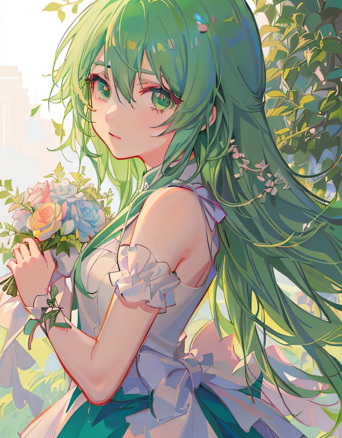 anime girl with long green hair holding flowers in front of a tree, beautiful anime girl, beautiful anime artwork, anime art wallpaper 4 k, anime art wallpaper 4k, anime art wallpaper 8 k, anime style 4 k, beautiful anime art, beautiful anime, beautiful anime portrait, guweiz on pixiv artstation, cute anime waifu in a nice dress