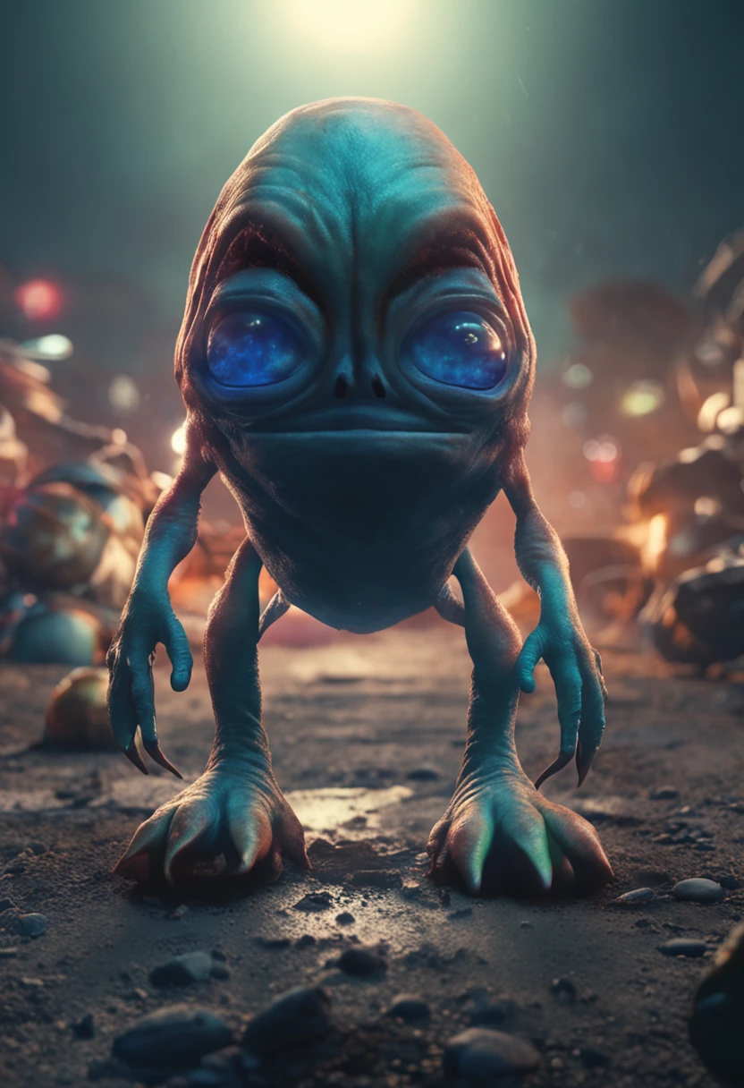 Create a super realistic image of an alien with a fat head and small body