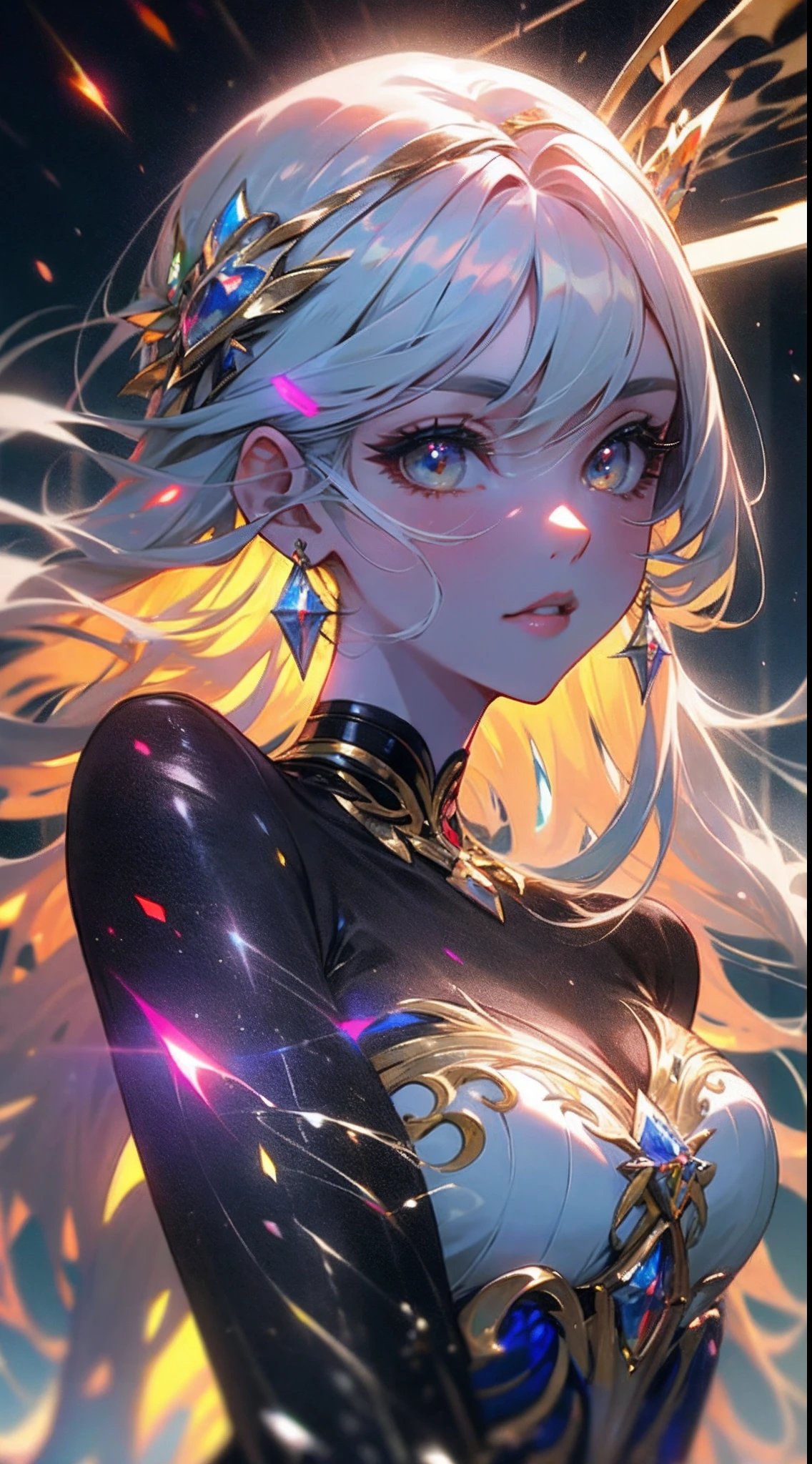 (simple hands:0.5)+(detailed hands:0.7), (trabalho), (best quality), cabelos vermelhos, Olhos vermelhos,1girl, pale skin, cabelos vermelhos, Olhos vermelhos, cabelo de dois tons, Cilia, pulseira, jewelries, sorrir, pele reluzente, cabelos brilhantes, Palco detalhado e majestoso, fantasia, Cabelos Longos, 1 girl, Cabelos em dois tons vermelhos, night sky, incredibly detailed CG illustration masterpiece, looking towards you, anime, belos olhos de anime, belos olhos detalhados, olho, olhos brilhantes, Olhos vermelhos, galaxy, nebula, (corpo inteiro), (Curvy), Pov, decote molhado, (coxas grossas), 4K HD | |, ultra realistic, corpo perfeito, Perfect lips, nariz perfeito, olhos perfeitos, Looking at the Viewer, vestir, Vestido elegante, vestido macio, vestido longo, Neon light, neon lights, cores brilhantes, vestido detalhado, Vestido neon, Vestido elegante, (strapless dress), (vestido sem mangas), vestido branco, vestido de noiva, Gold-Trim, Isso, angelic, halo