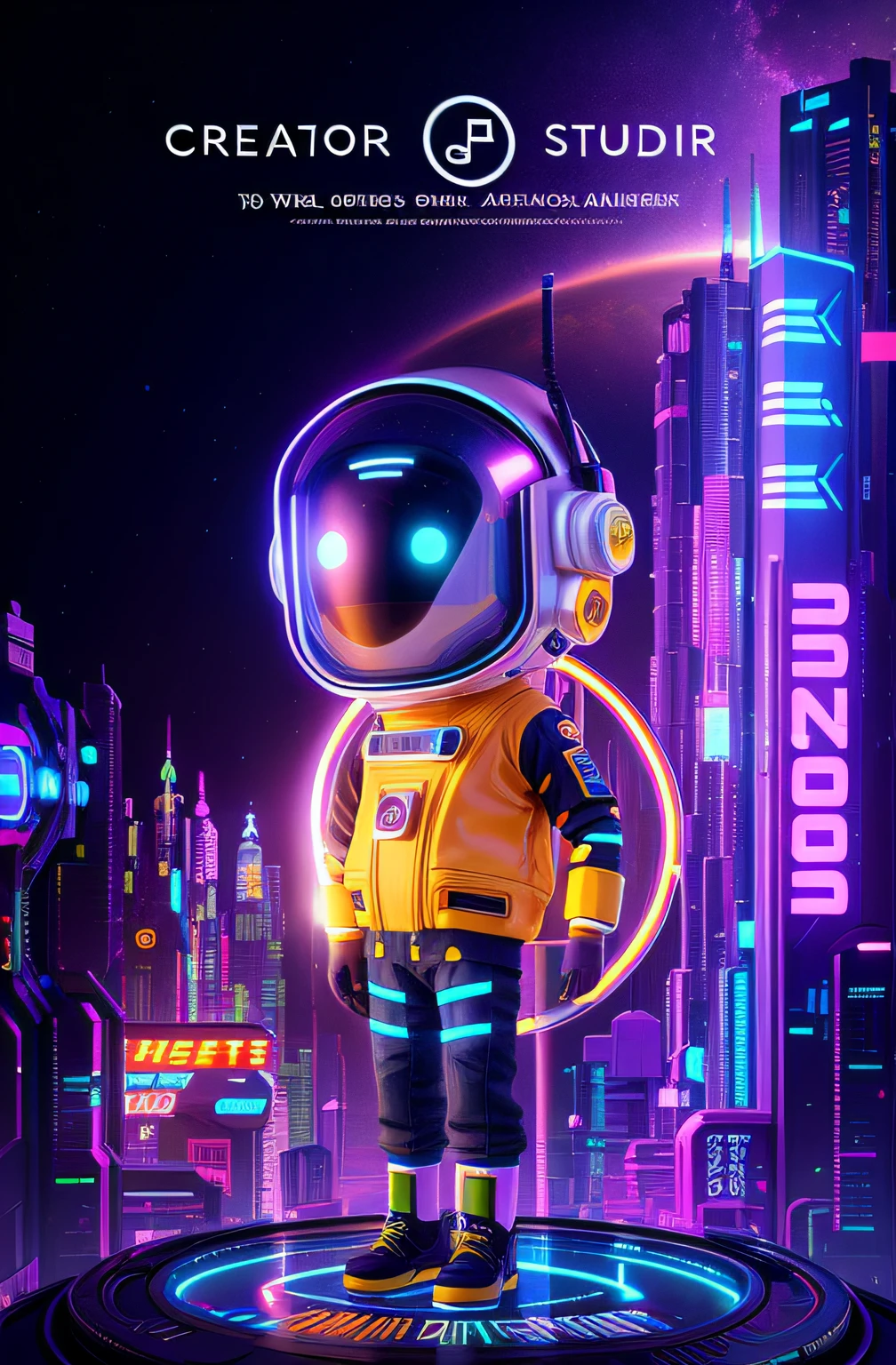Poster for the Movie Creator Studio, Astronaut Cyberpunk Electric, 3 d render beeple, style hybrid mix of beeple, in the style of beeple, Beeple and Jeremiah Ketner, inspired by Mike "beeple" Winkelmann, metaverse concept art, arstation and beeple highly, inspired by Beeple
