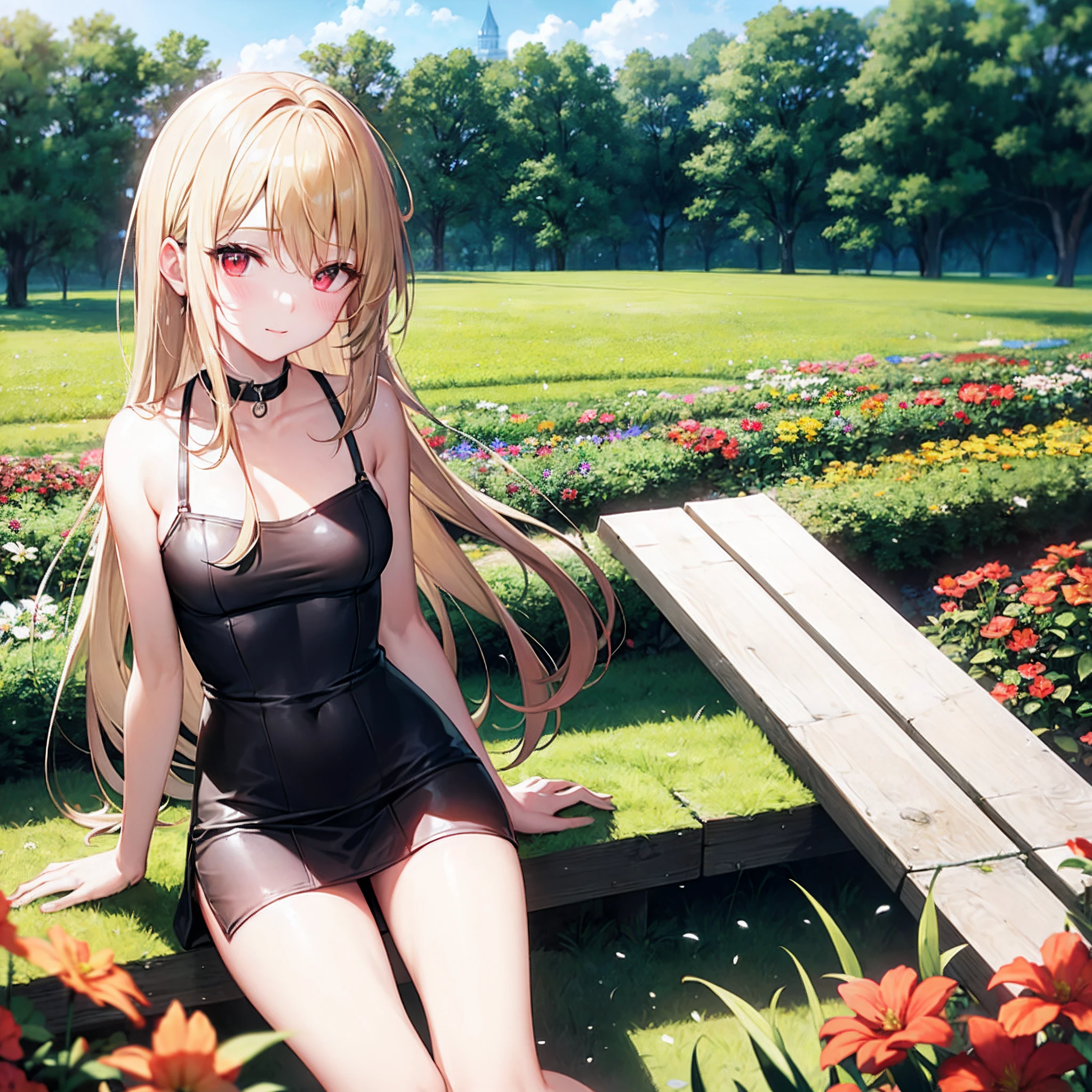 a blond、red eyes、Beautiful girl alone、a miniskirt、bare-legged、flower field