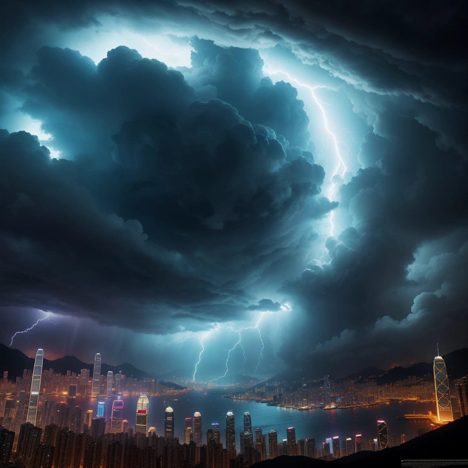 Stormy weather，A huge eye of the wind in the sky， Over Hong Kong，Realistic，high detal，Rich colors，Blockbuster movies
