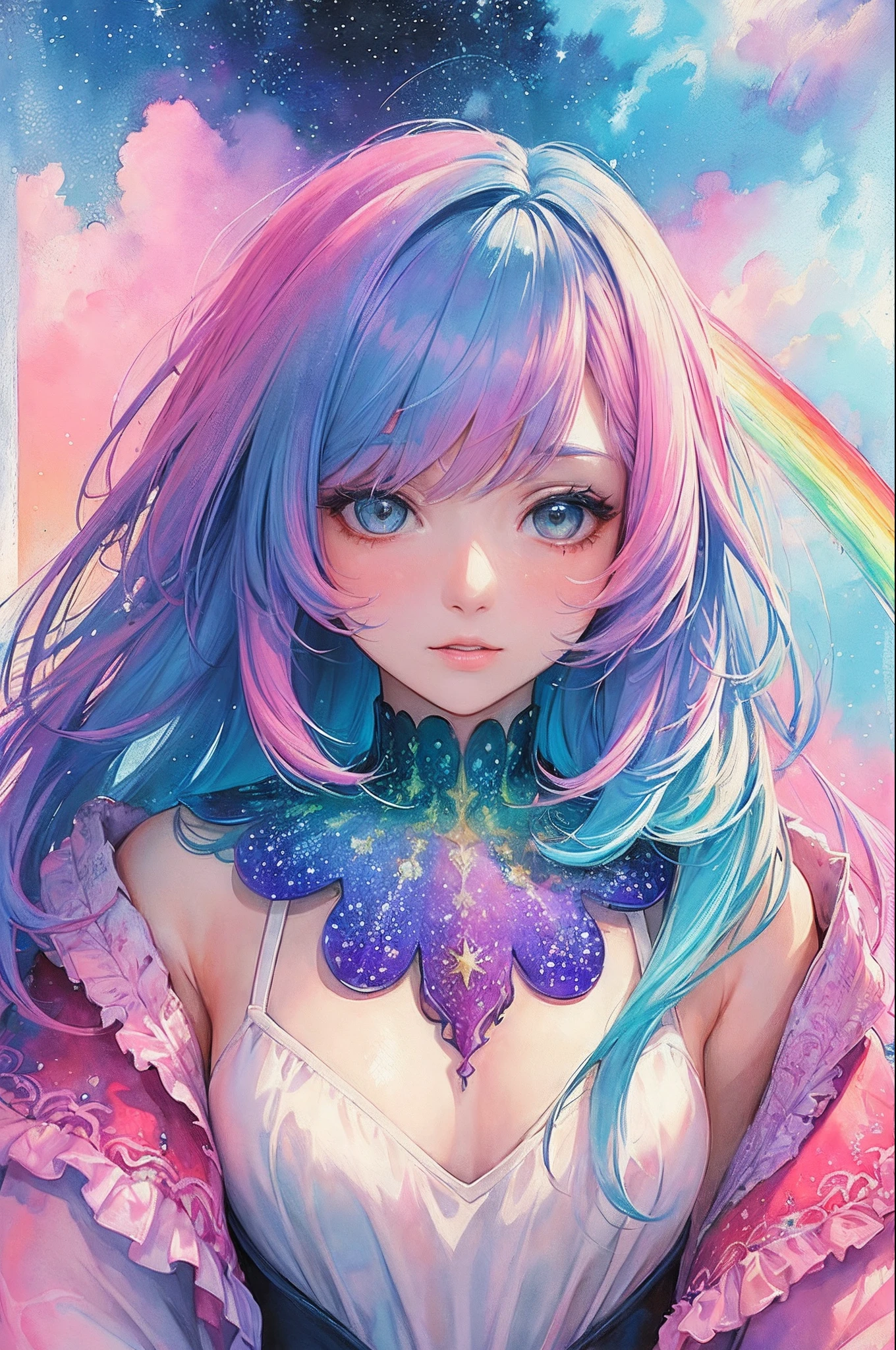 (masterpiece, top quality, best quality,watercolor (medium),official art, beautiful and aesthetic:1.2),(1girl:1.3), (fractal art:1.3),upper body, from side, looking at viewer,patterns,(rainbow color Hair,colorful hair,half blue and half pink hair:1.2),water,liquid, cloud,colorful, starry,stars,