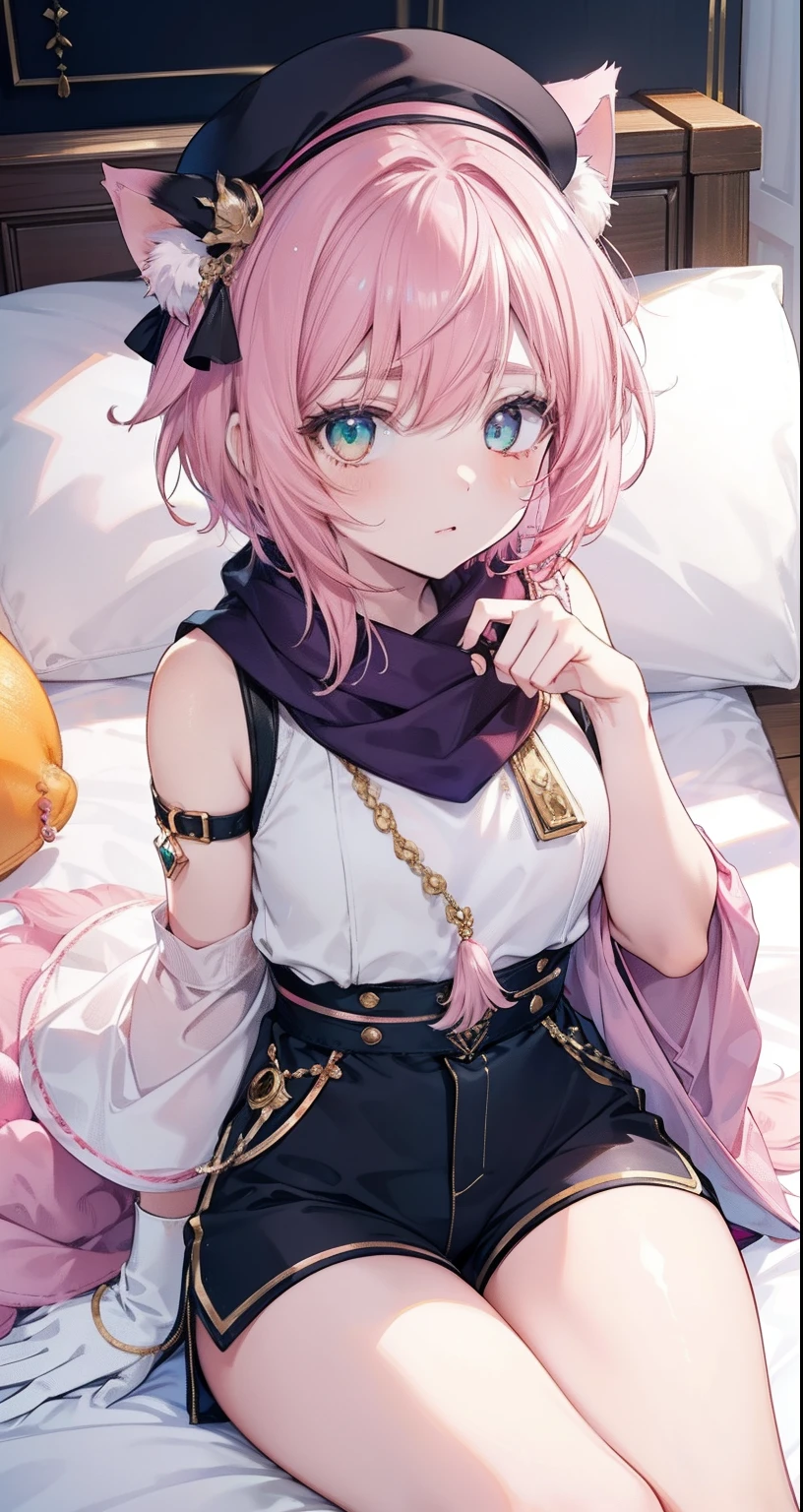 masterpiece, best quality, hands down, top view, looking into the camera, sitting on the bed, intimate face, visible half of the body floor, ((4k quality)), ((an adult girl)), short girl, genshin impact, ((Diona's clothes)) fair skin, (((short pink hair))), ((pink hair)) cat ears, turquoise-green eyes, round eyebrows. the color of her ears and tail are calico cats, a large cap of dark indigo color, shorts of dark color, golden ornaments in the form of paws, a pale pink sleeveless shirt with an orange-yellow scarf, pale pink sleeves, white gloves with light pink patterns in the form of paws on the undersid